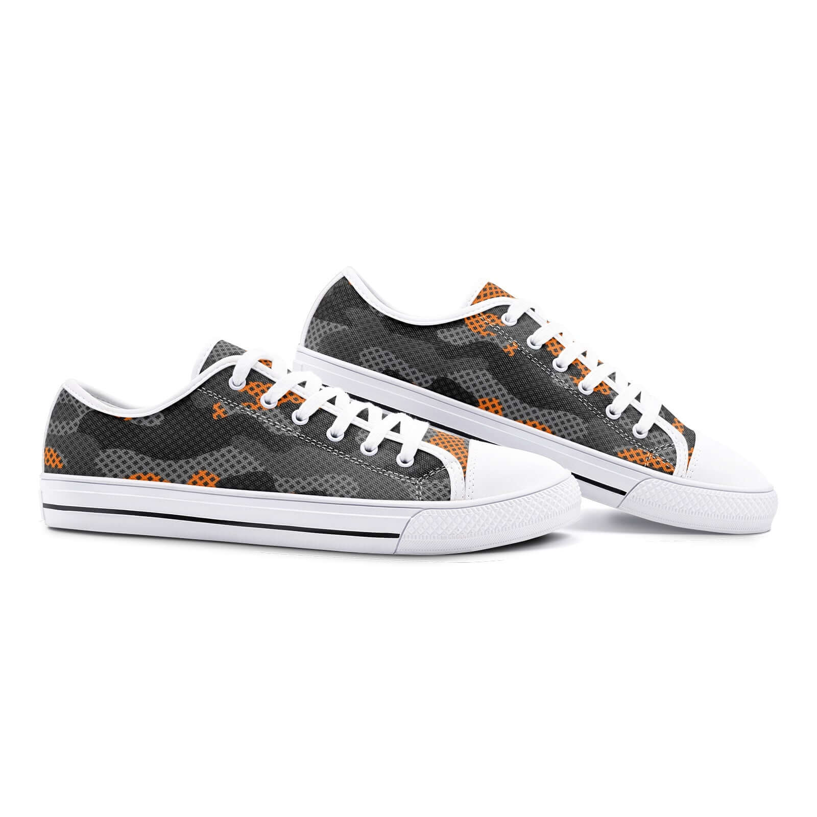 Camo Shoes | Low Top Canvas | Orange & Black Pixel Camo Colors