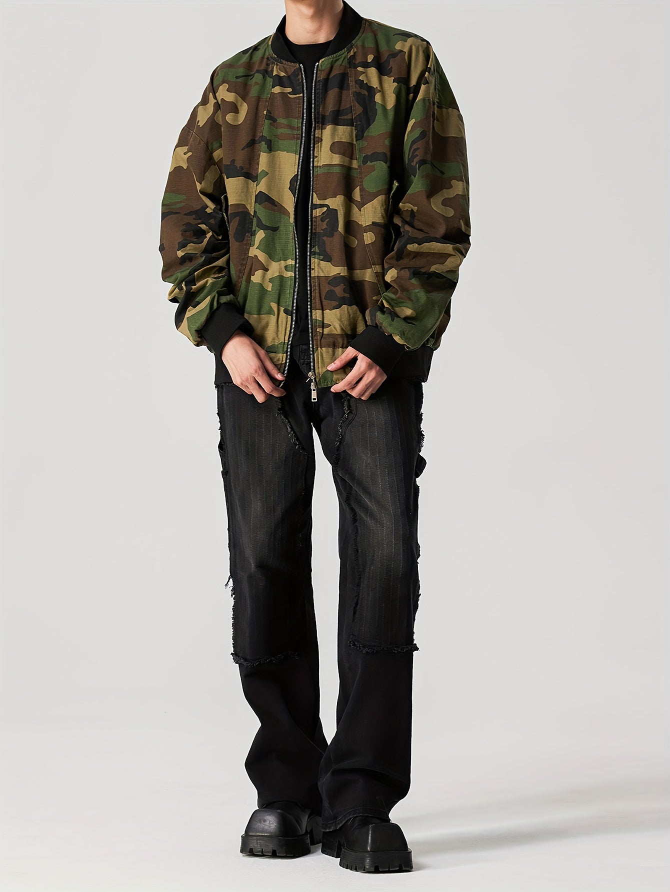 Casual Camo Print Bomber Jacket for Women, Zip-Up Outerwear Camo Colors