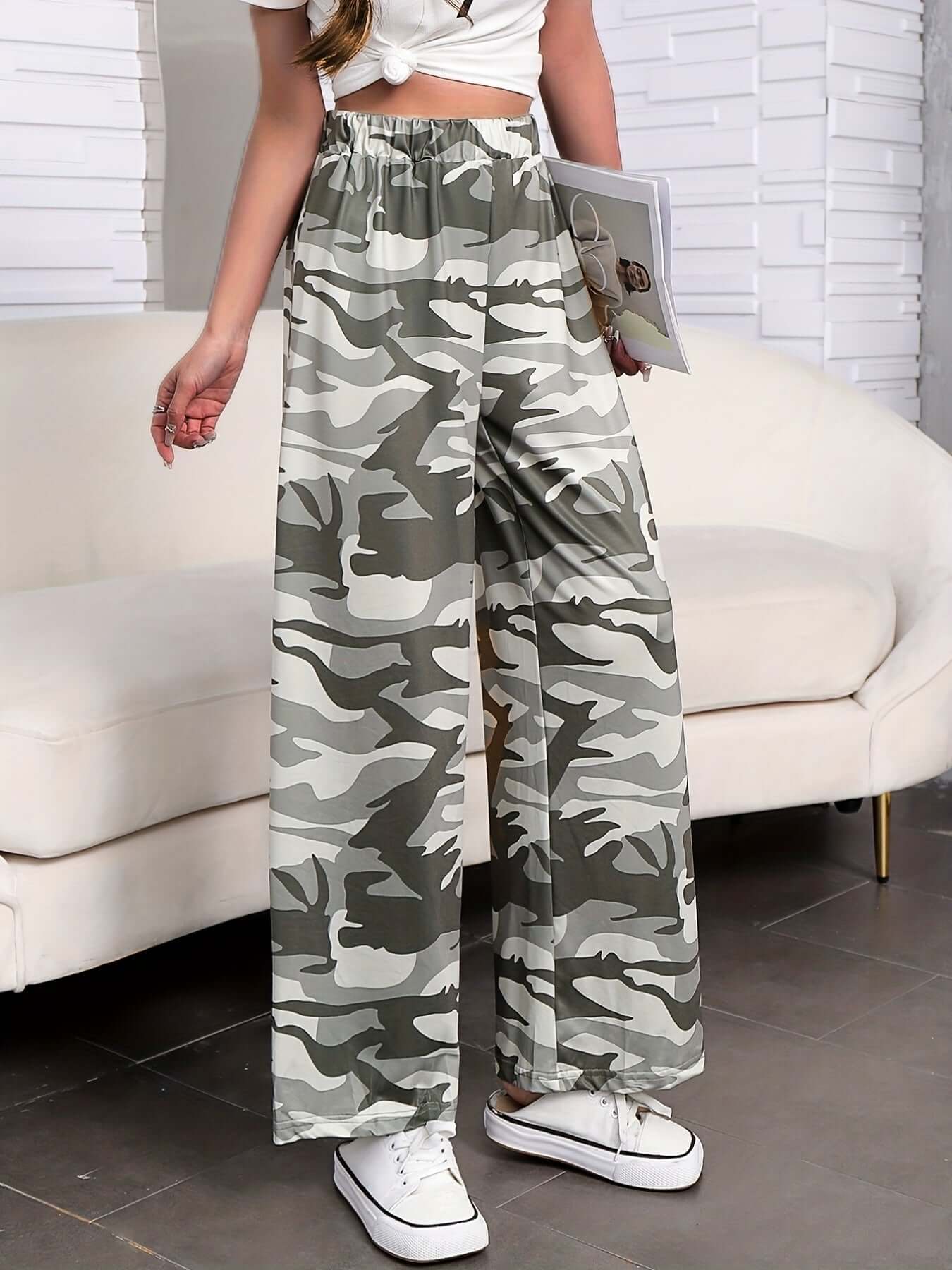 Camo Print Wide Leg Pants | Casual Elastic Waist Long Length Camo Colors