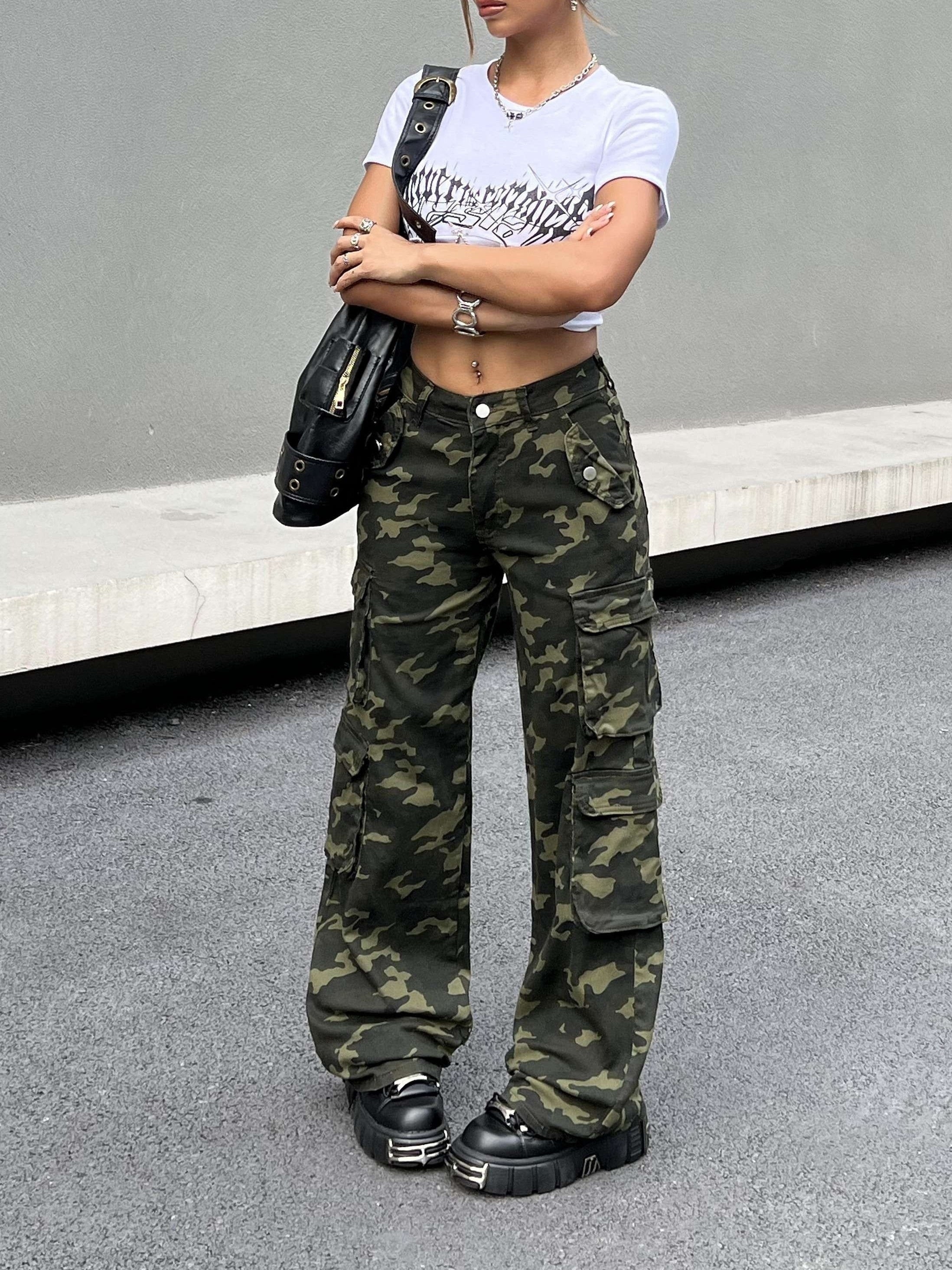 Women's Camo Cargo Jeans with Large Side Pockets Camo Colors