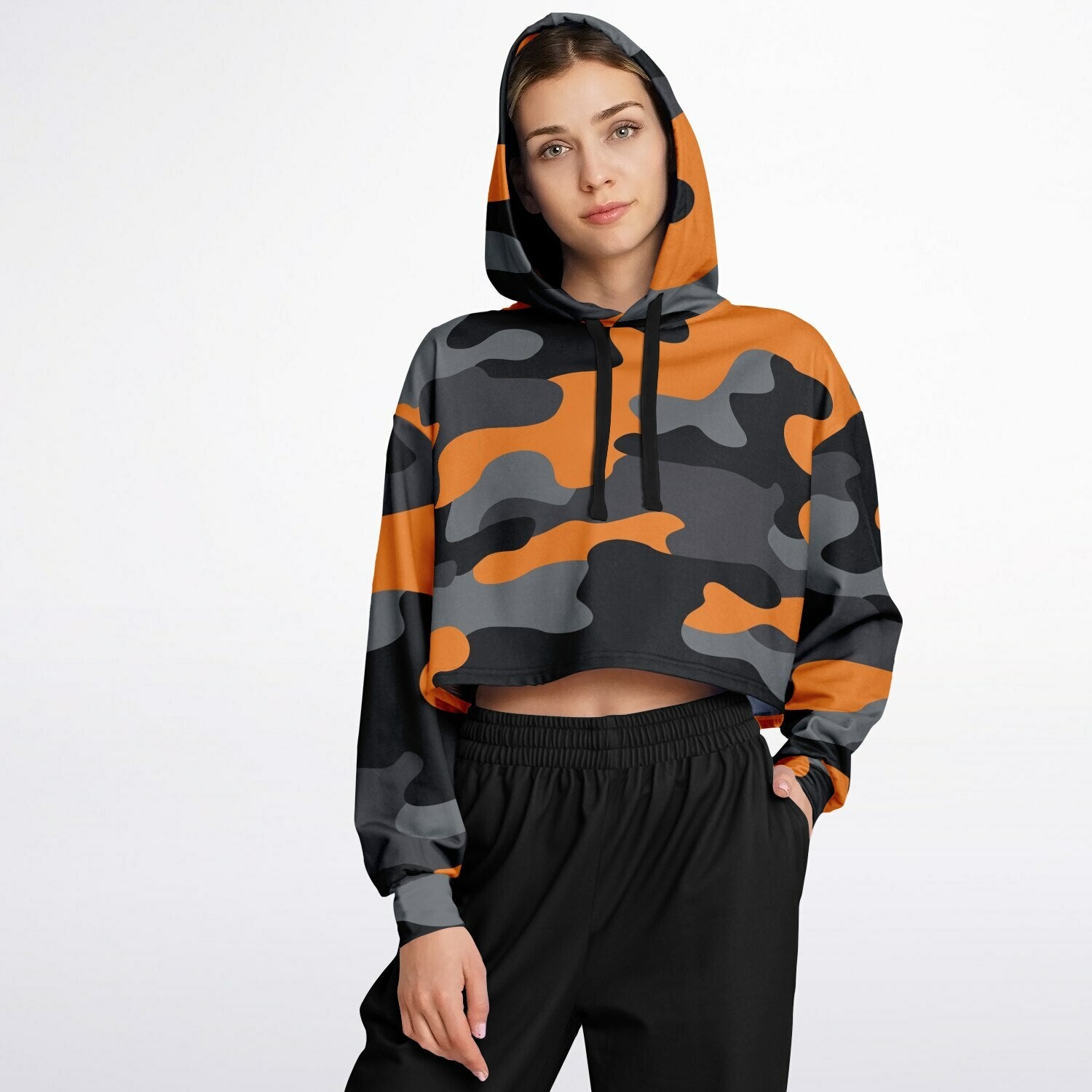 Cropped Hoodie For Women | Orange, Gray & Black Camouflage Camo Colors