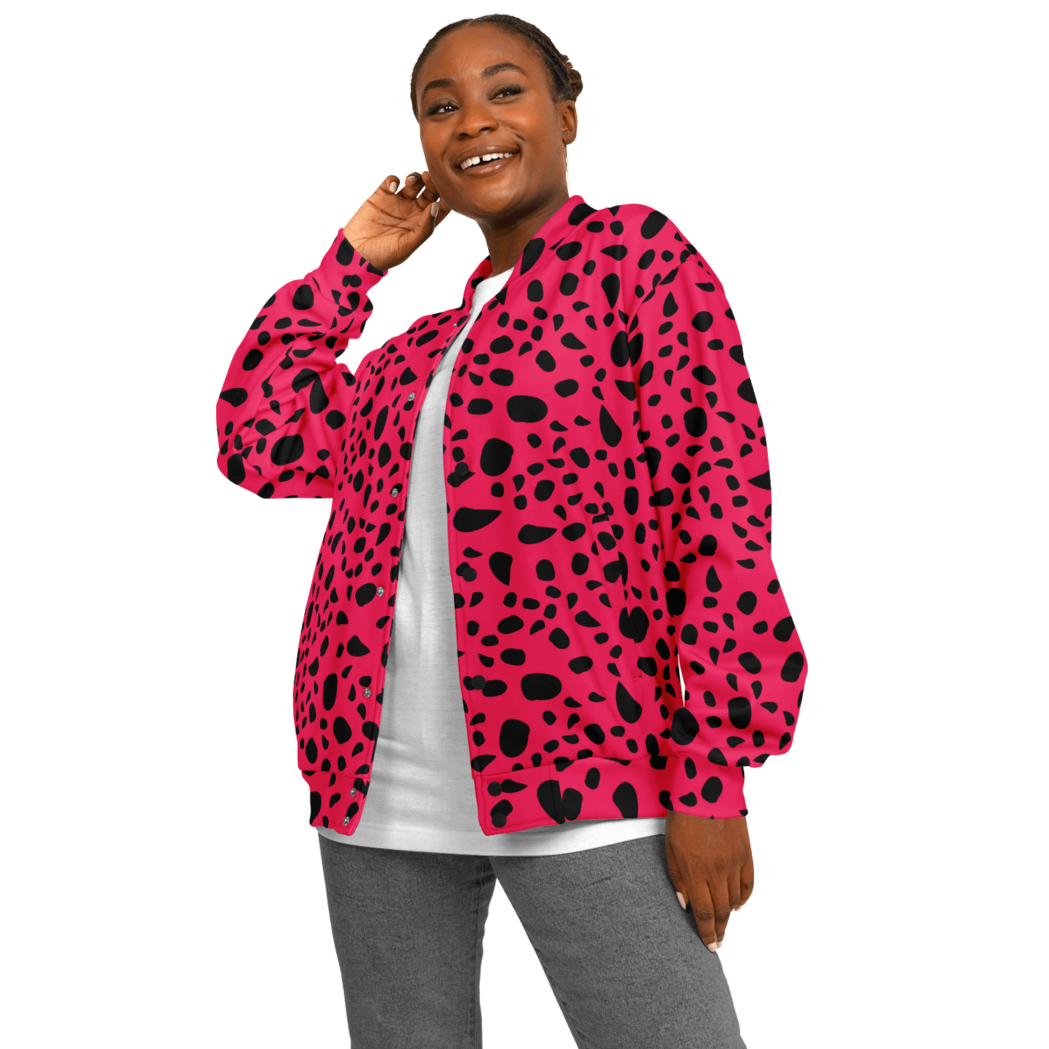 Baseball Jacket | Leopard Print in Pink and Black Camo Colors