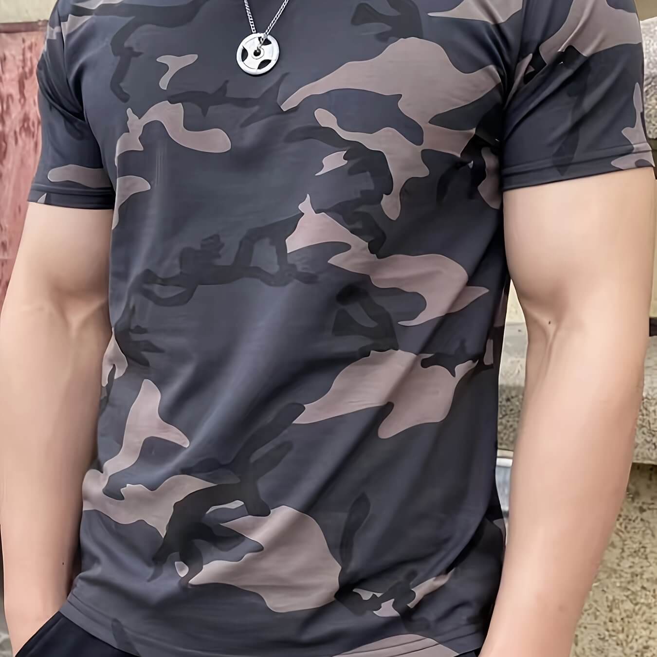 Men's Camo Print Short Sleeve T-shirt, Outdoor Athletic Camo Colors