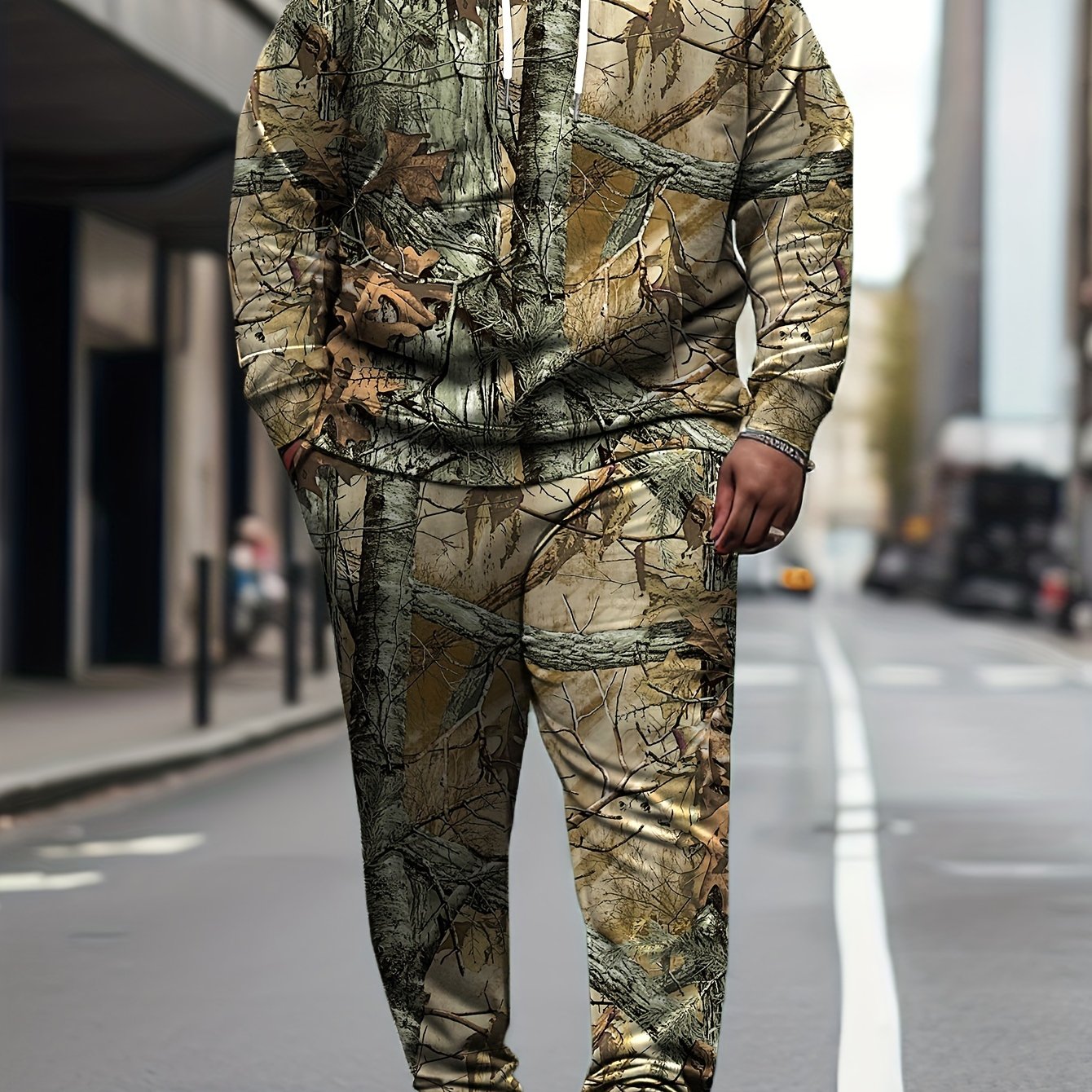 Men’s Plus-Size 3D Trunks Graphic Hooded Sweatshirt & Sweatpants | Camo Colors
