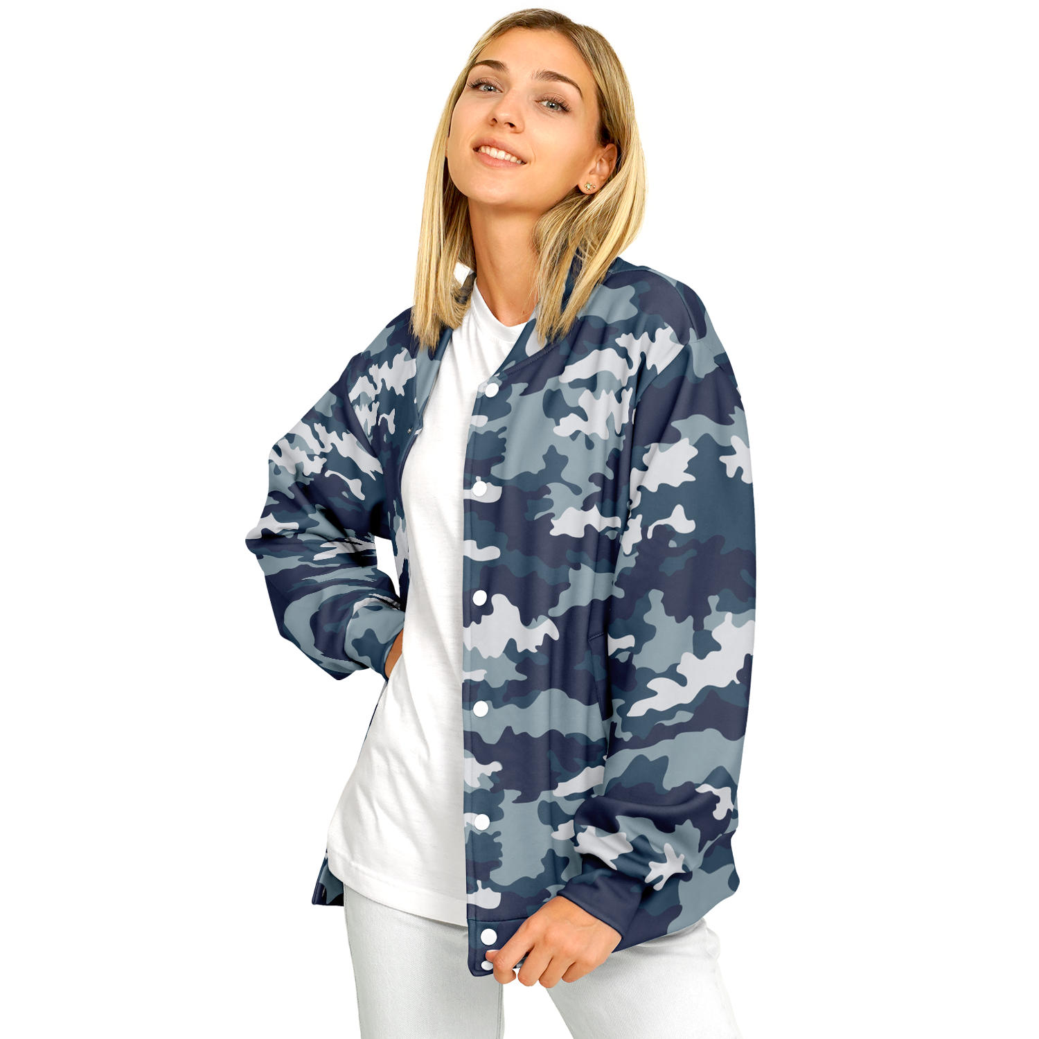 Navy Blue Camo Baseball Jacket | Unisex Camo Colors