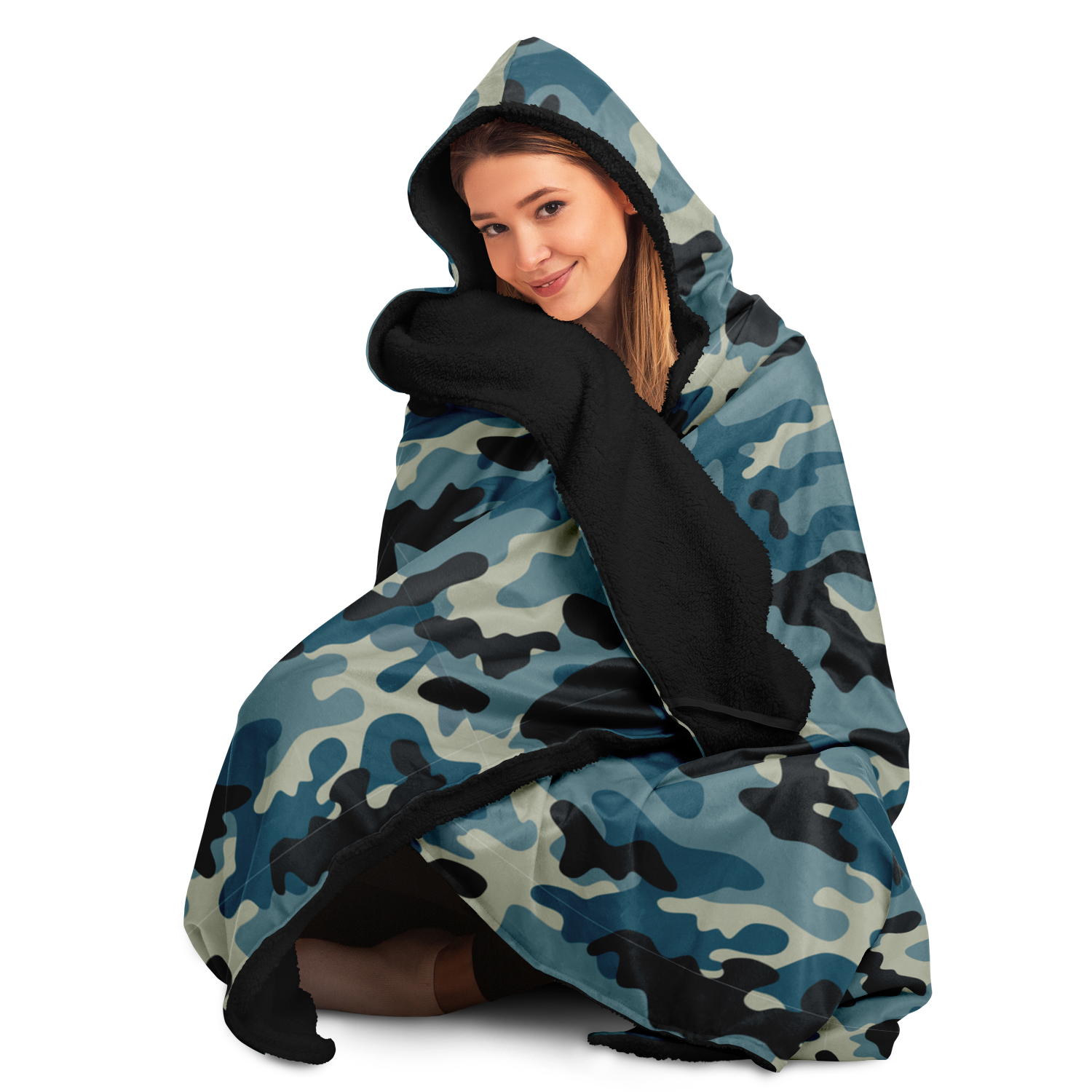 Blanket Hoodie | Blue & Charcoal Camo Print | Microfleece Lining | Camo Colors