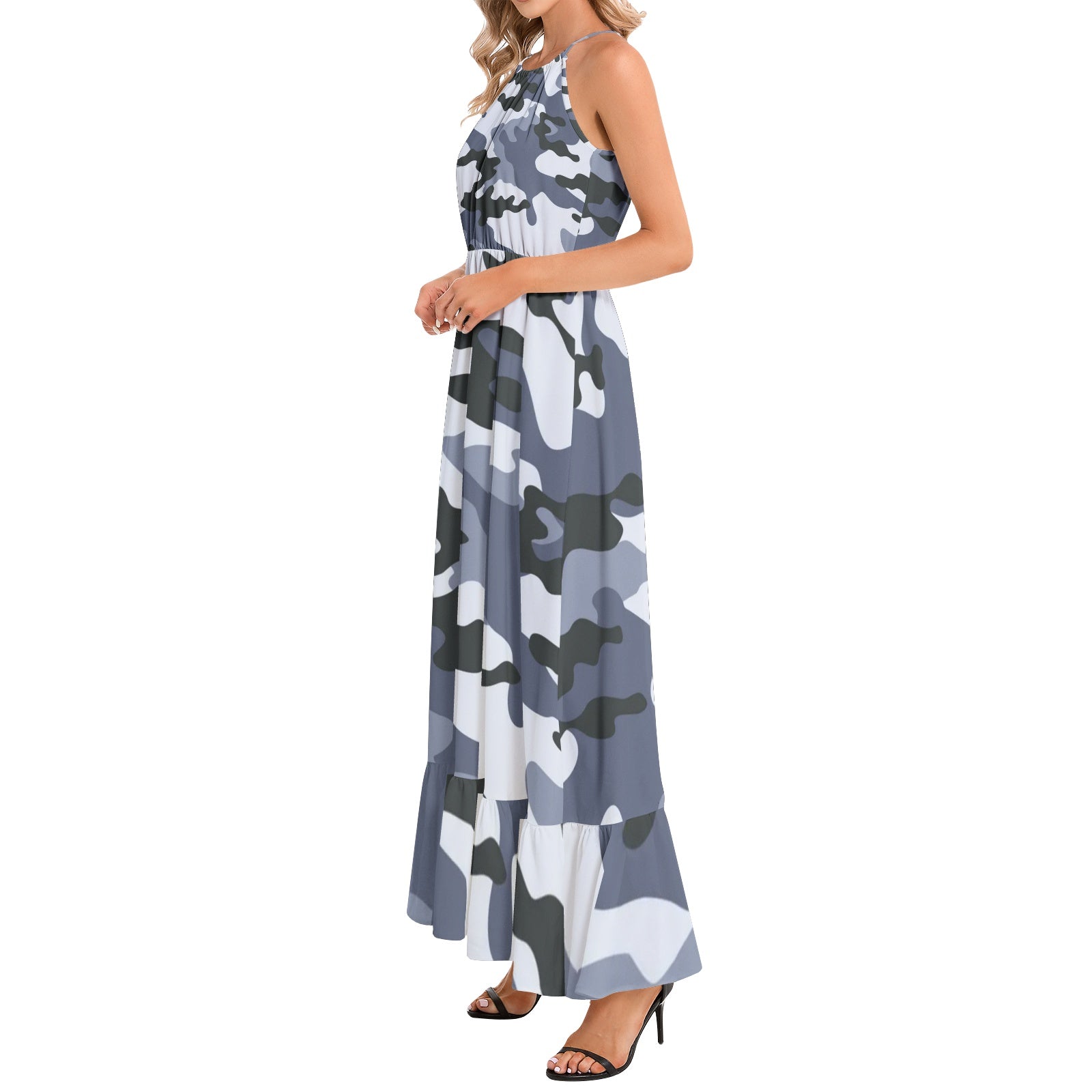 Camo Maxi Dress | Light Blue | Ruffle Hem Camo Colors