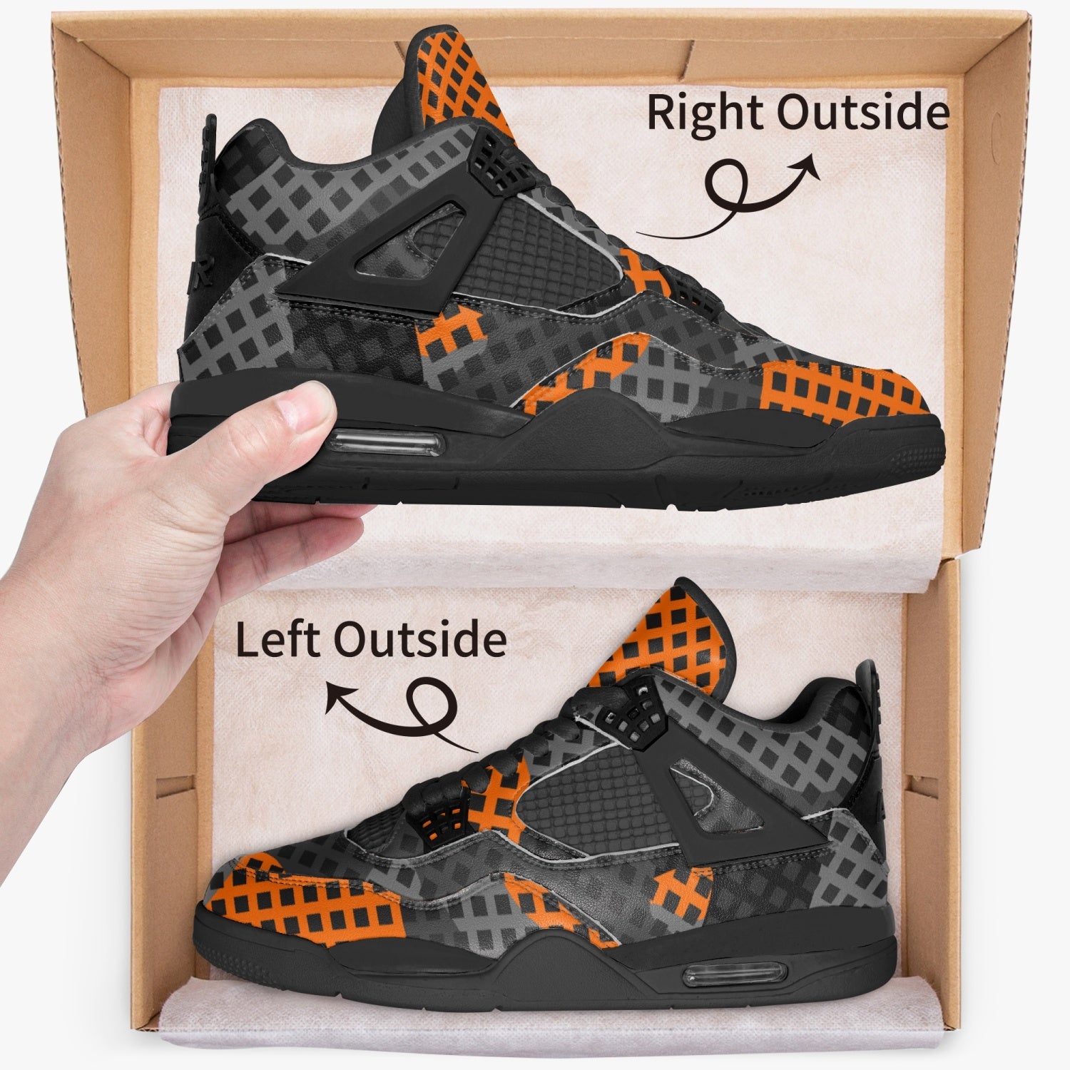 Camo Jordans AJ4 | Orange & Black Pixel Camo Colors