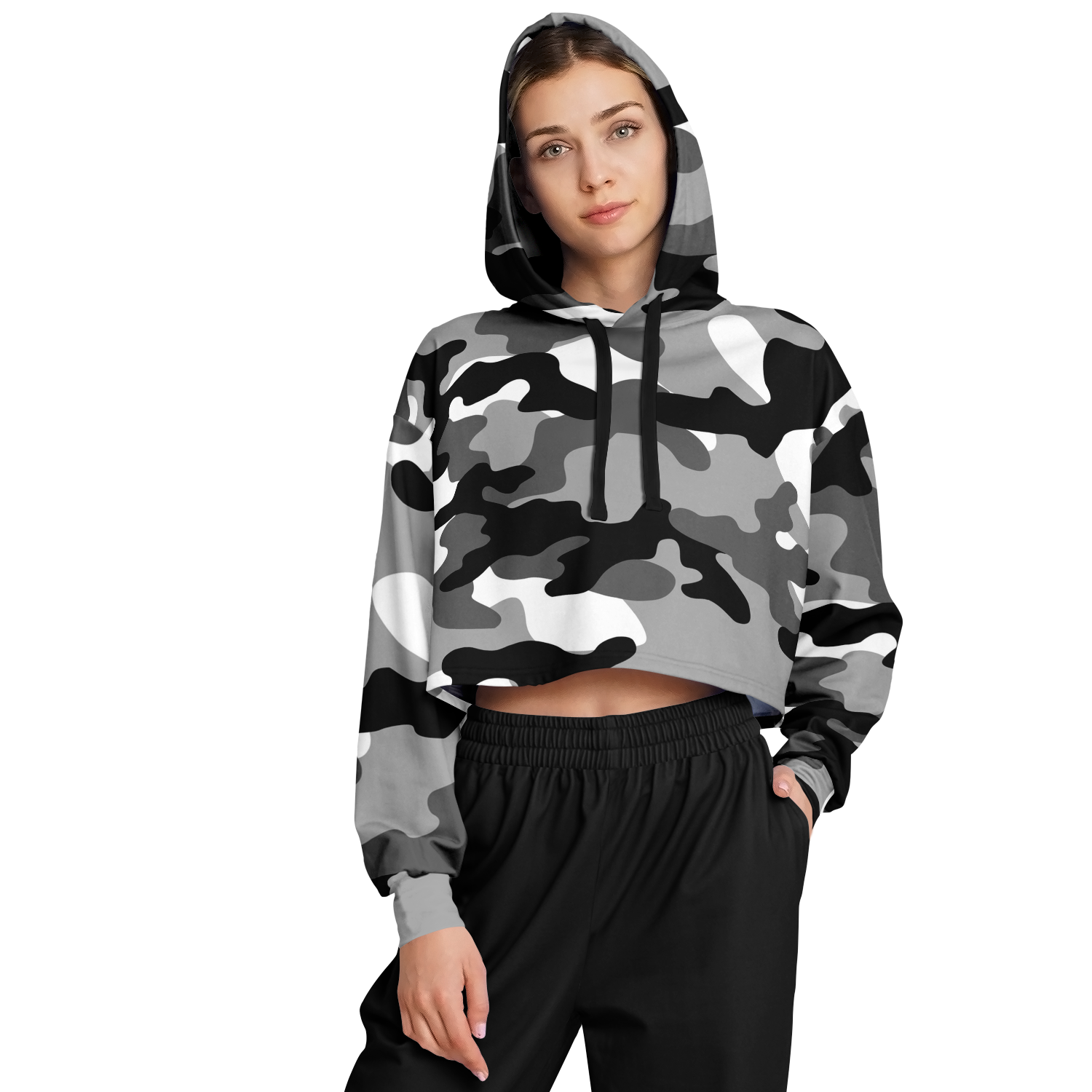 Cropped Hoodie For Women | Black, White & Gray Camouflage Camo Colors