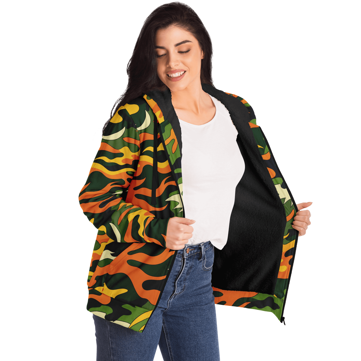 Tiger Flames Zip Hoodie | Cozy Microfleece in Orange Camo Camo Colors