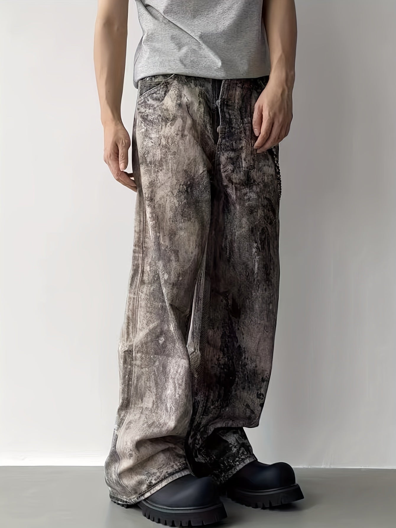 Camo Splatter Print Distressed Low-Rise Wide-Leg Jeans | Cotton Blend Camo Colors