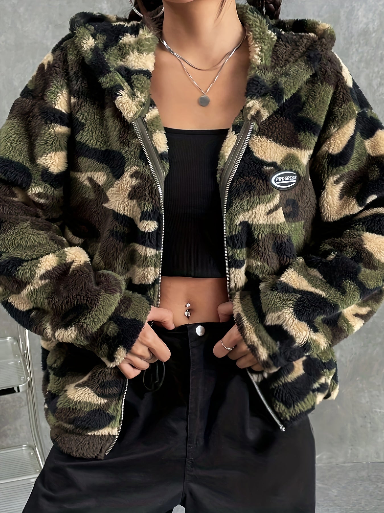 Women's Camo Print Zip-up Fluffy Jacket: Hooded, Fall/Winter Camo Colors