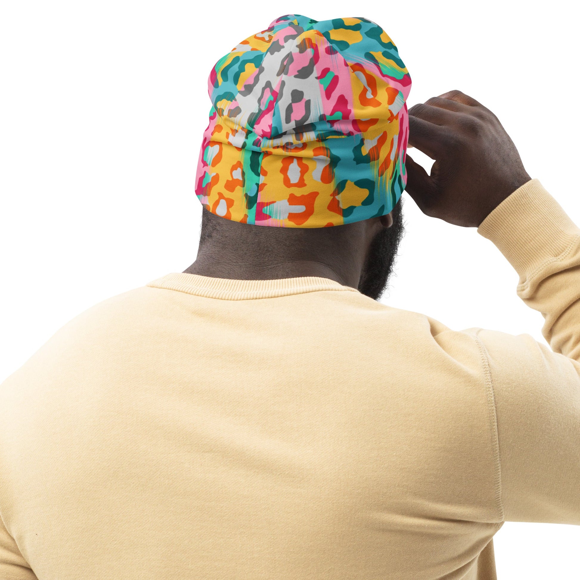 Leopard Print Beanie in Pink and Yellow | Camo Colors