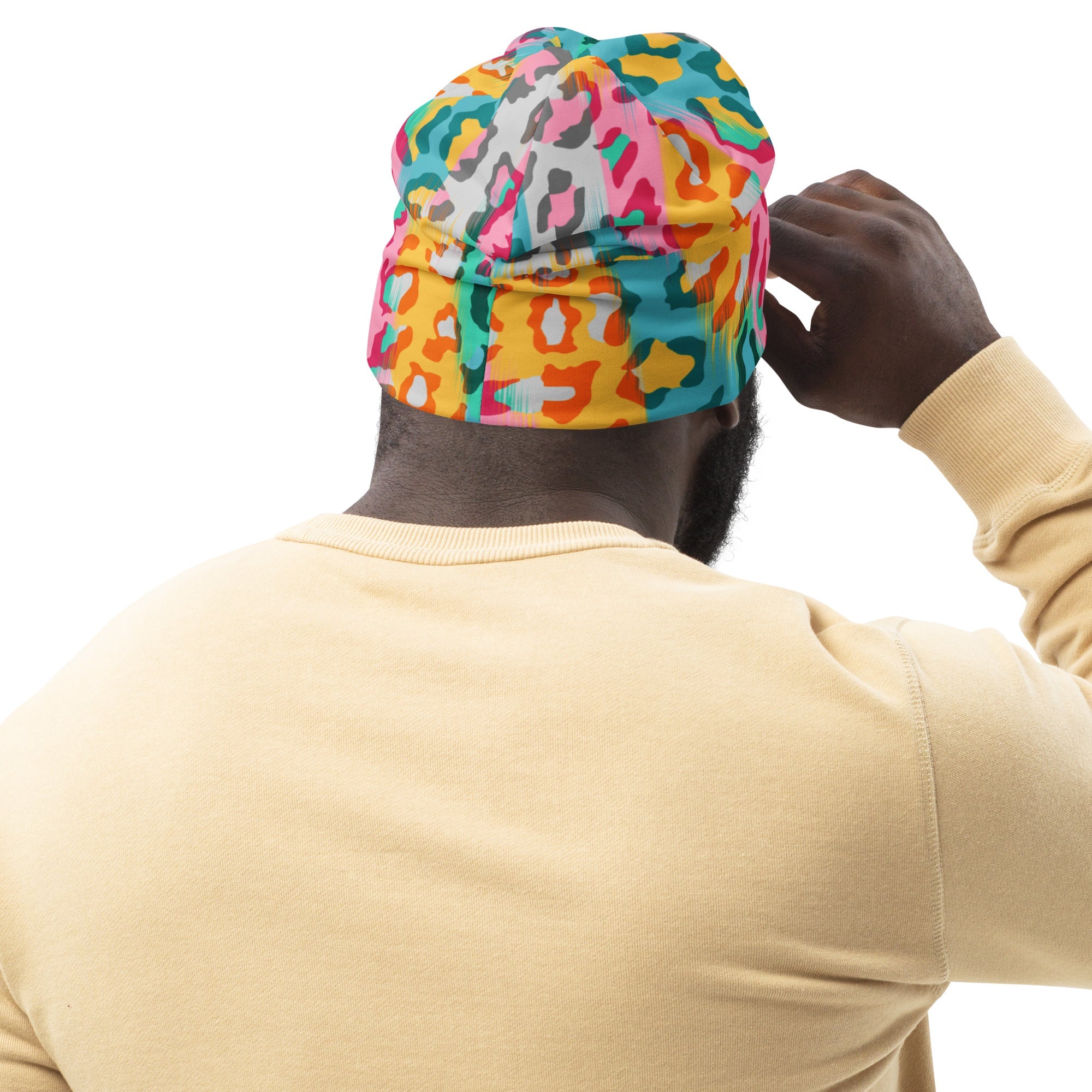 Leopard Print Beanie in Pink and Yellow | Camo Colors