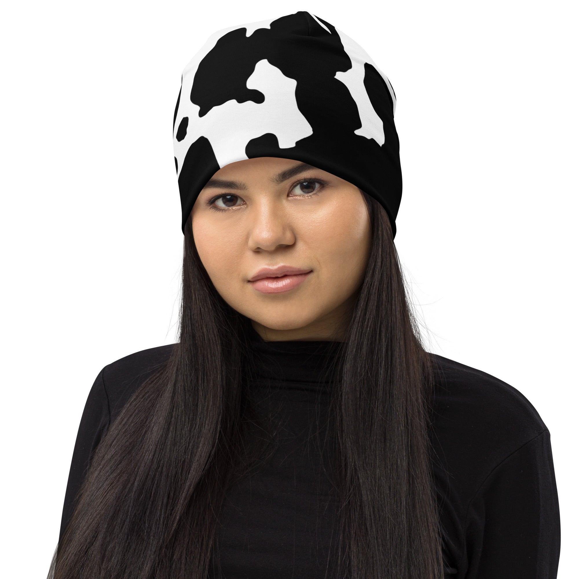 Camouflage Beanie | Black & White Cow Print Camo Colors