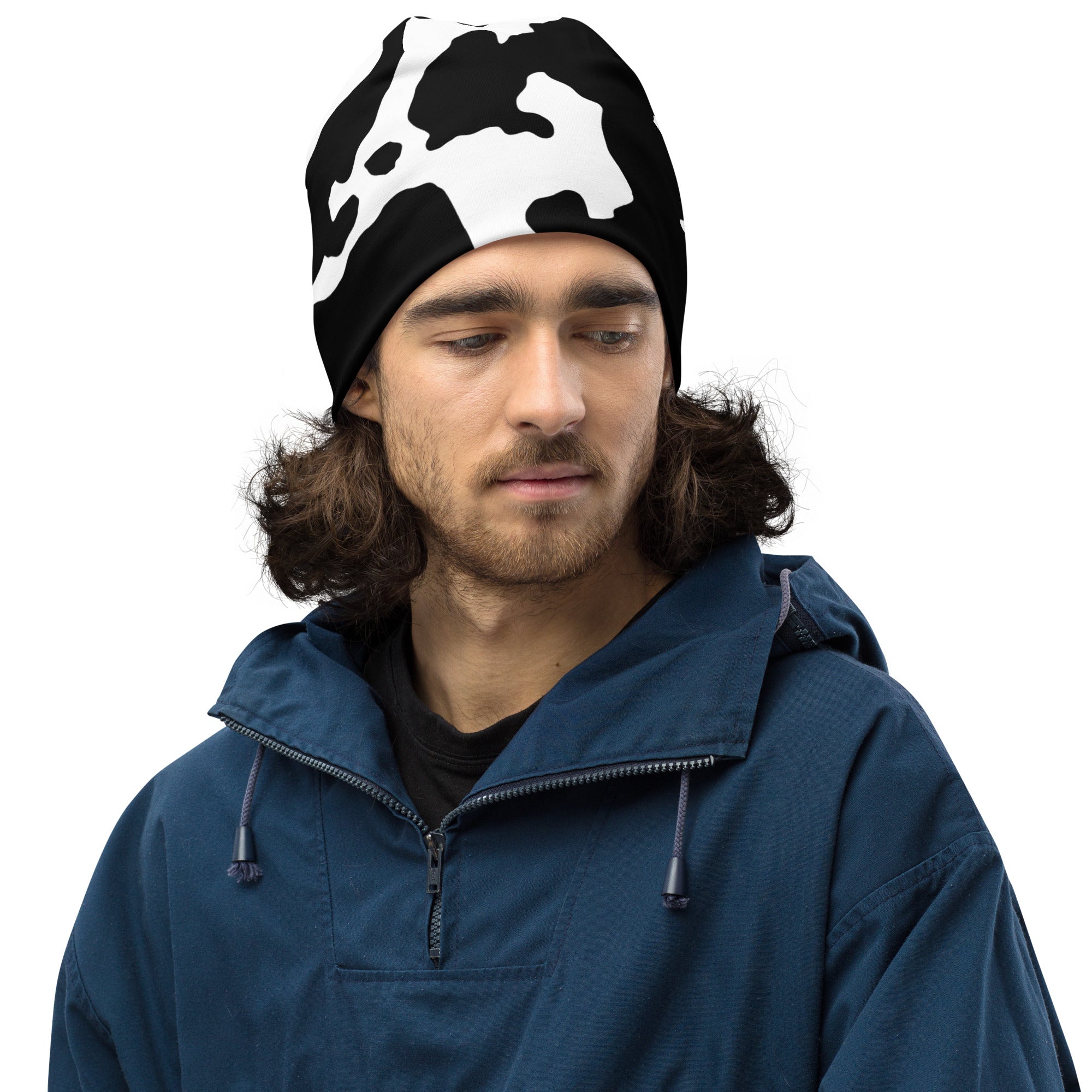 Camouflage Beanie | Black & White Cow Print Camo Colors