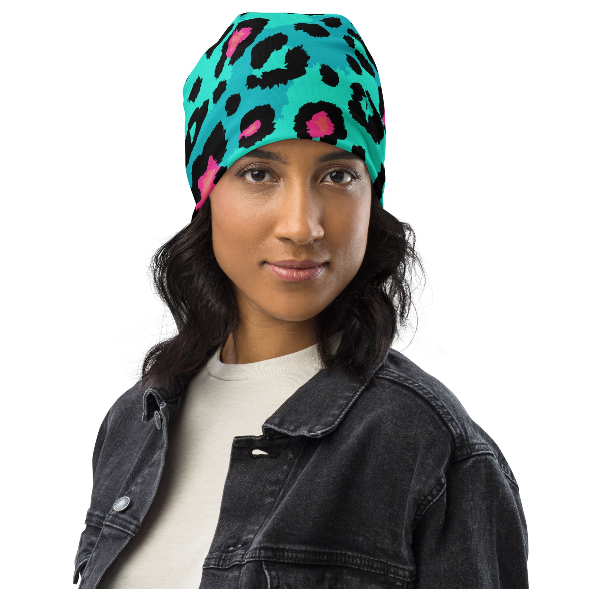 Leopard Print Beanie in Black, Turquoise, and Candy Pink | Camo Colors