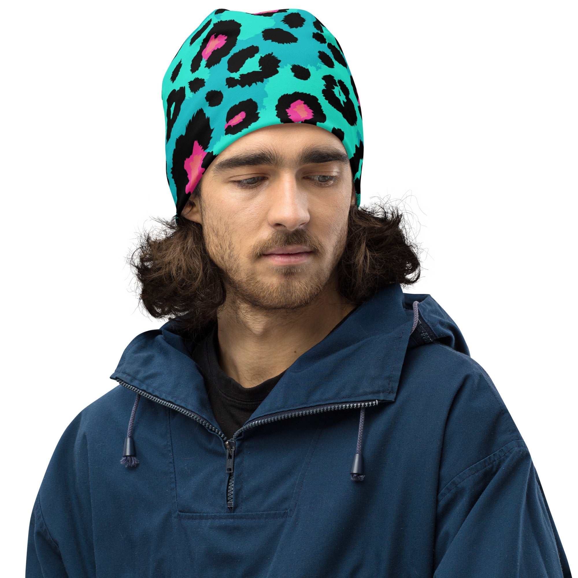 Leopard Print Beanie in Black, Turquoise, and Candy Pink | Camo Colors