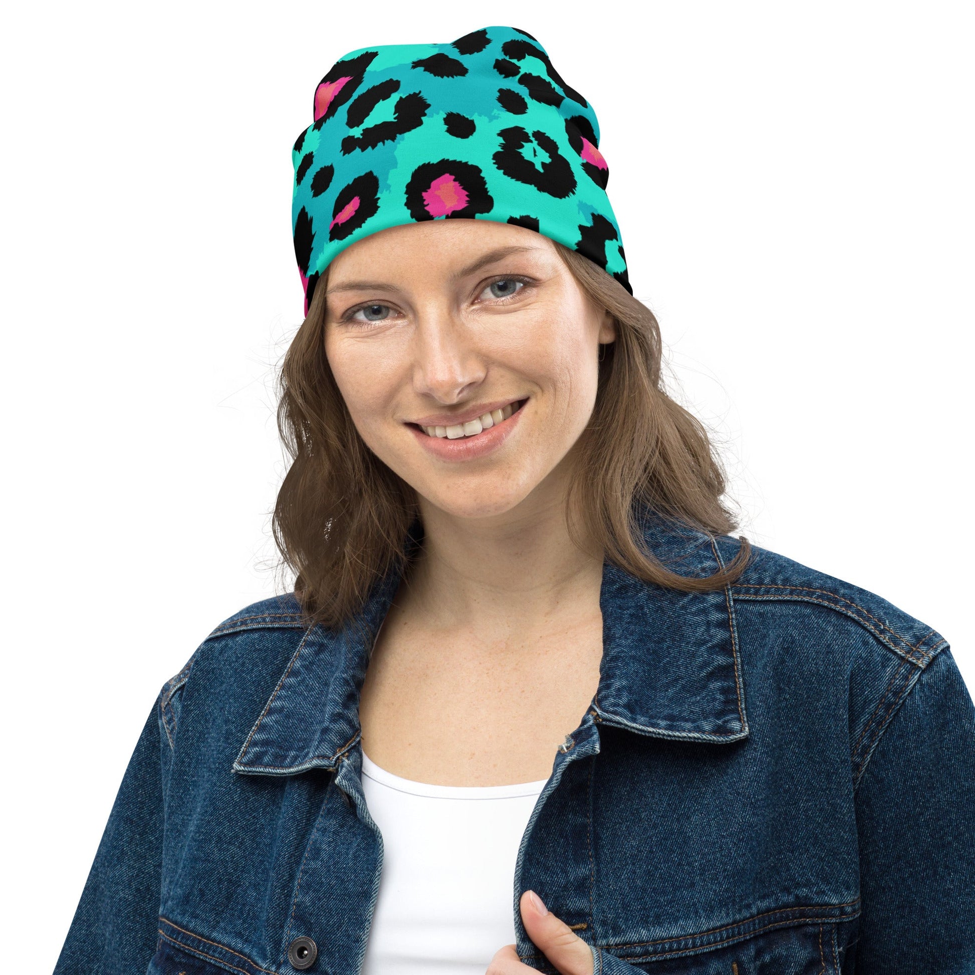Leopard Print Beanie in Black, Turquoise, and Candy Pink | Camo Colors