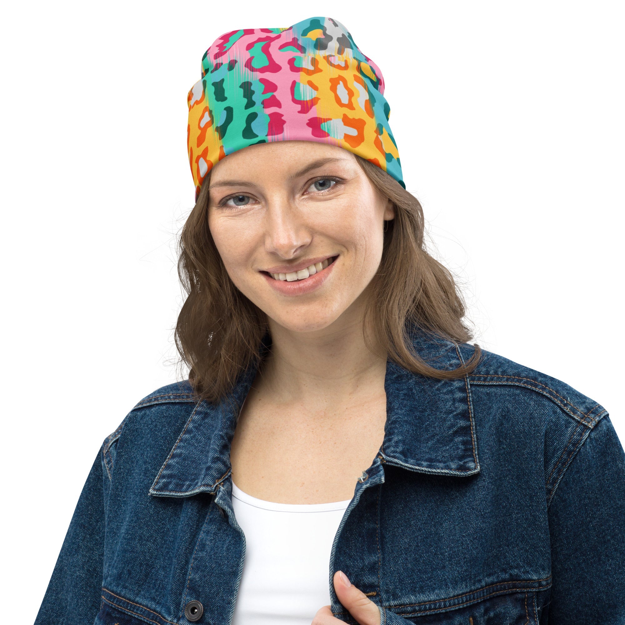 Leopard Print Beanie in Pink and Yellow | Camo Colors
