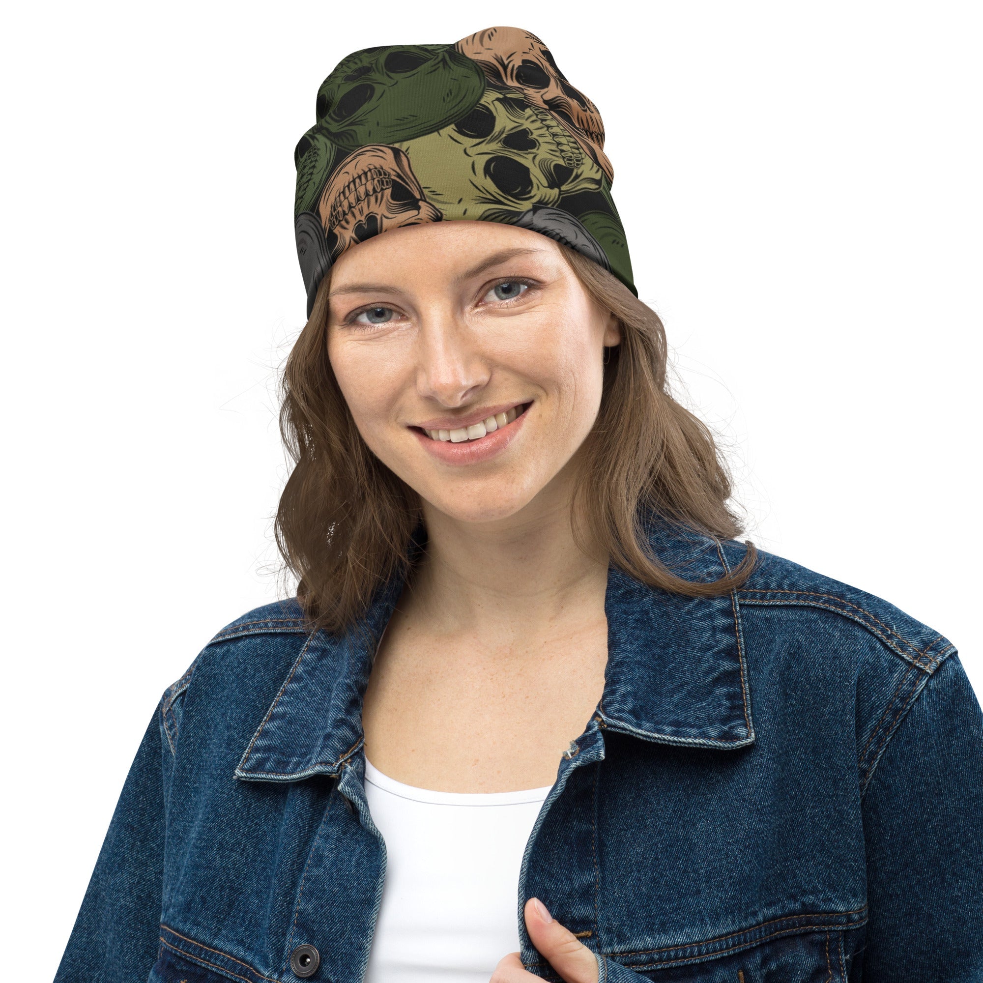 Skulls Print Beanie in Green and Grey | Camo Colors