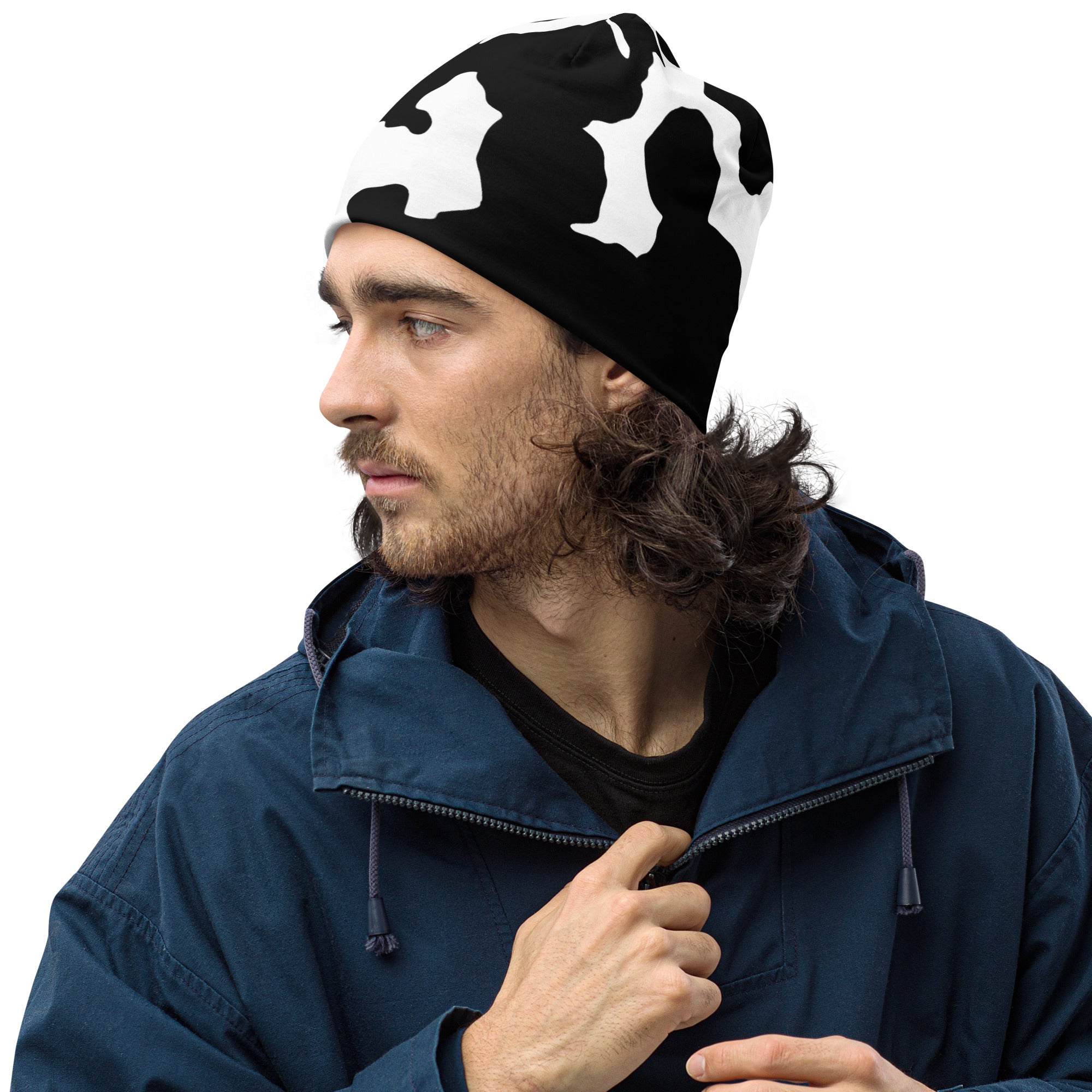Camouflage Beanie | Black & White Cow Print Camo Colors