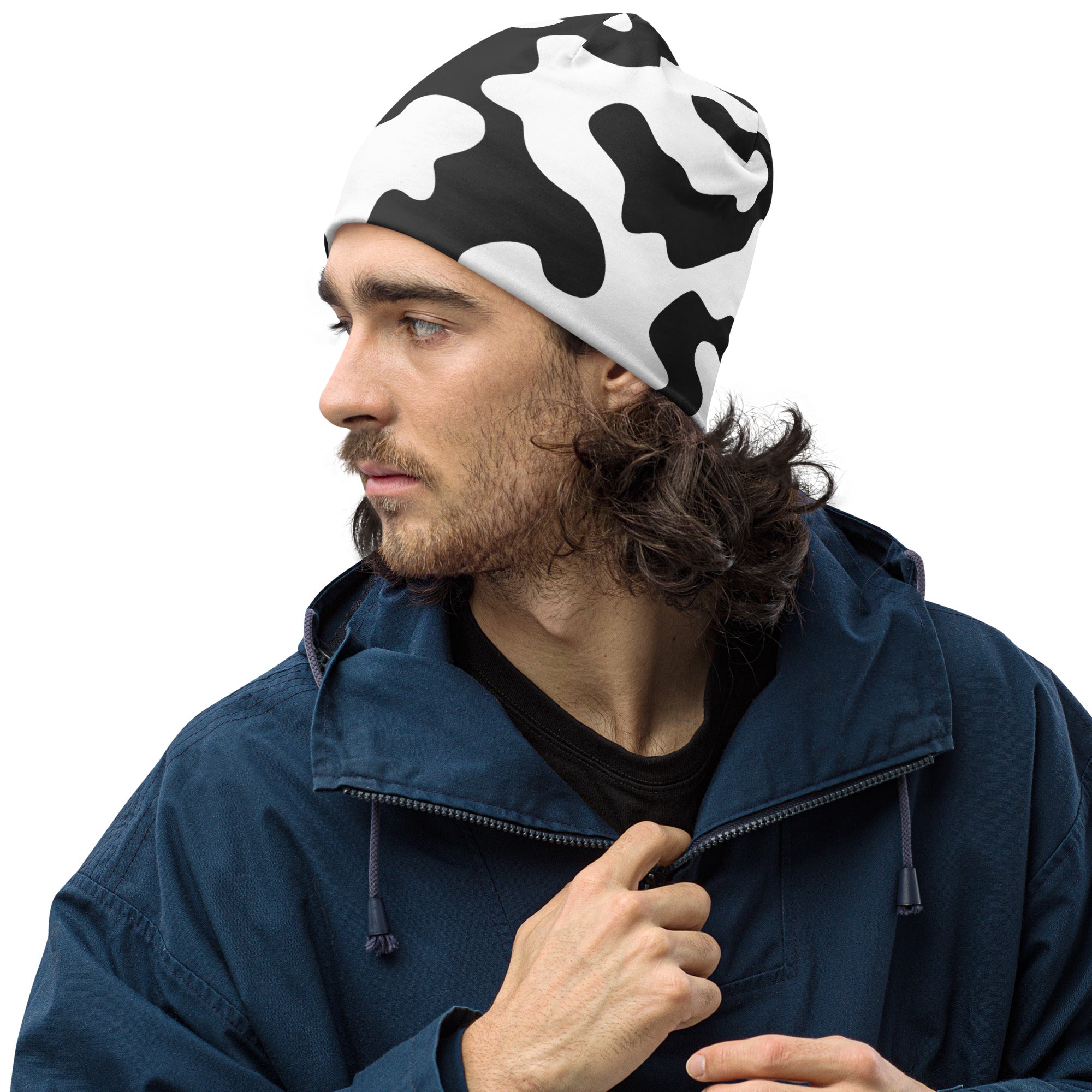 Camo Beanie in Black and White Cow Print | Camo Colors