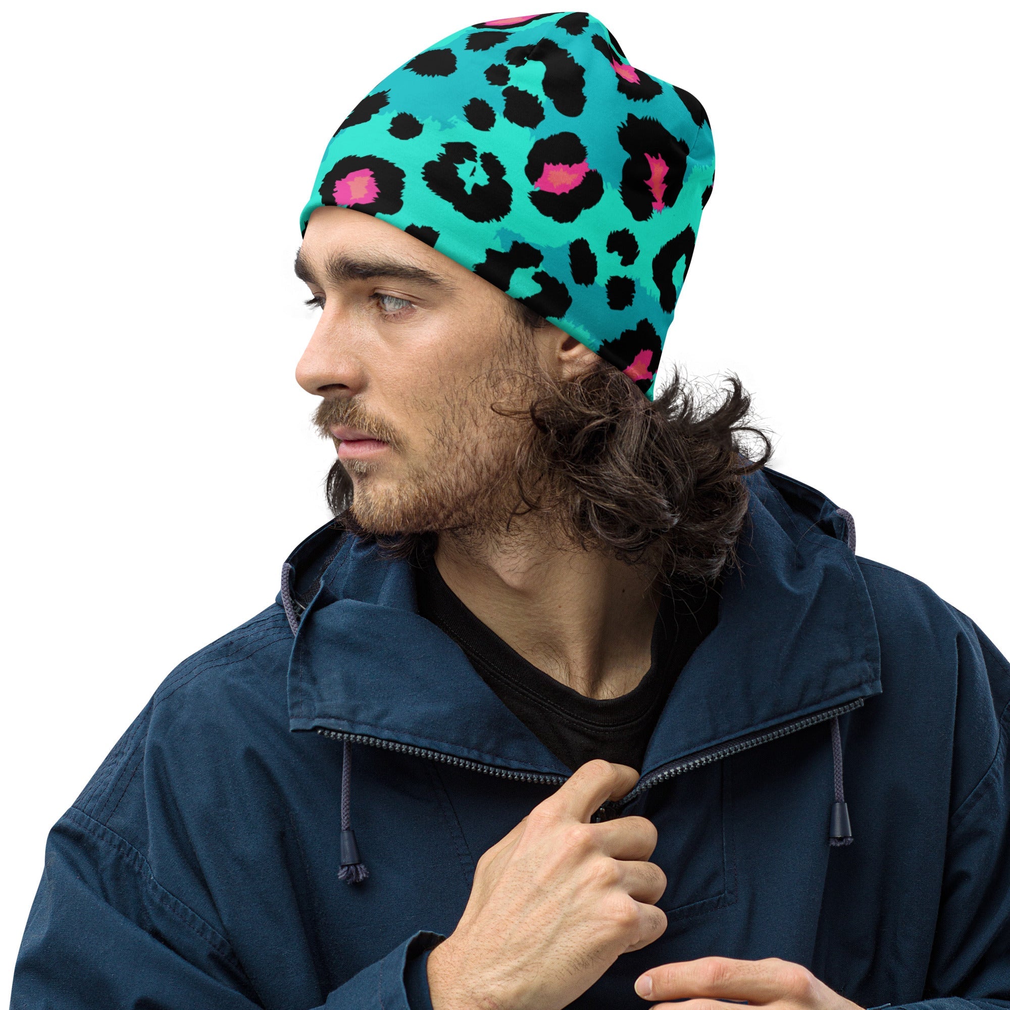 Leopard Print Beanie in Black, Turquoise, and Candy Pink | Camo Colors