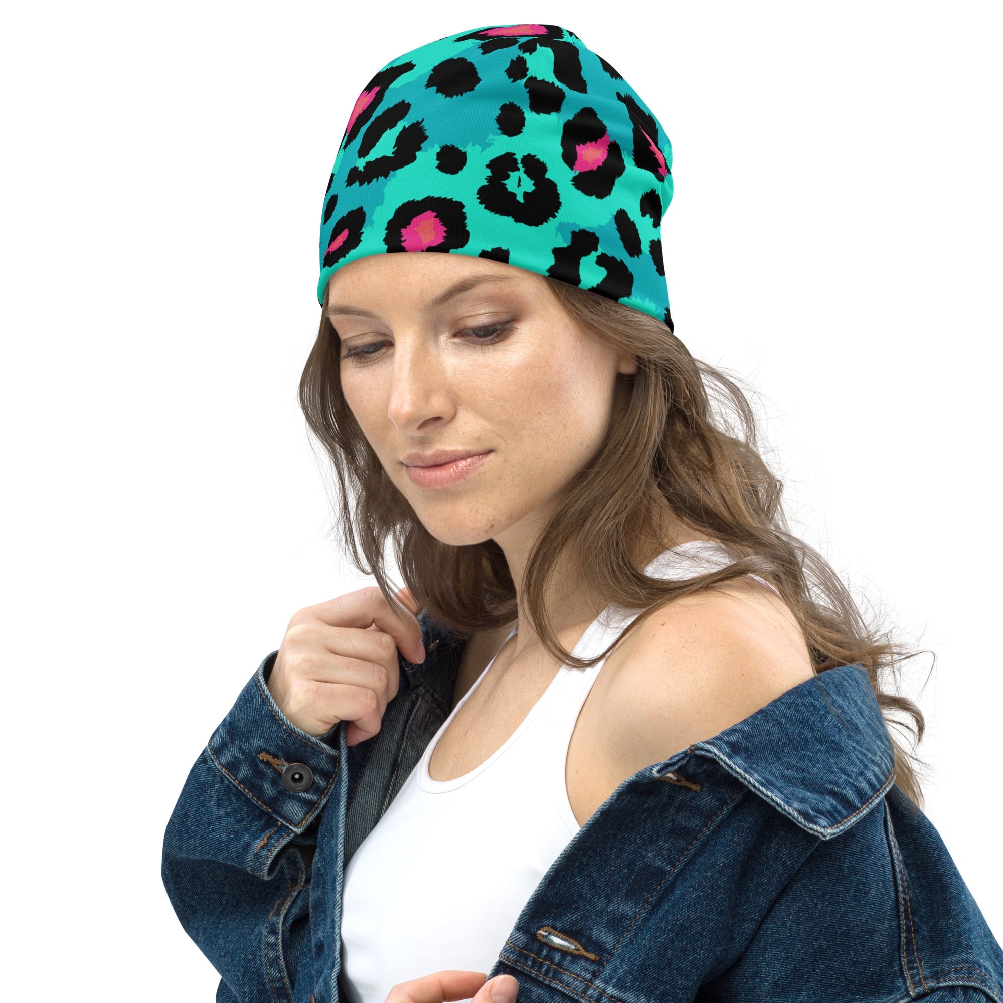 Leopard Print Beanie in Black, Turquoise, and Candy Pink | Camo Colors