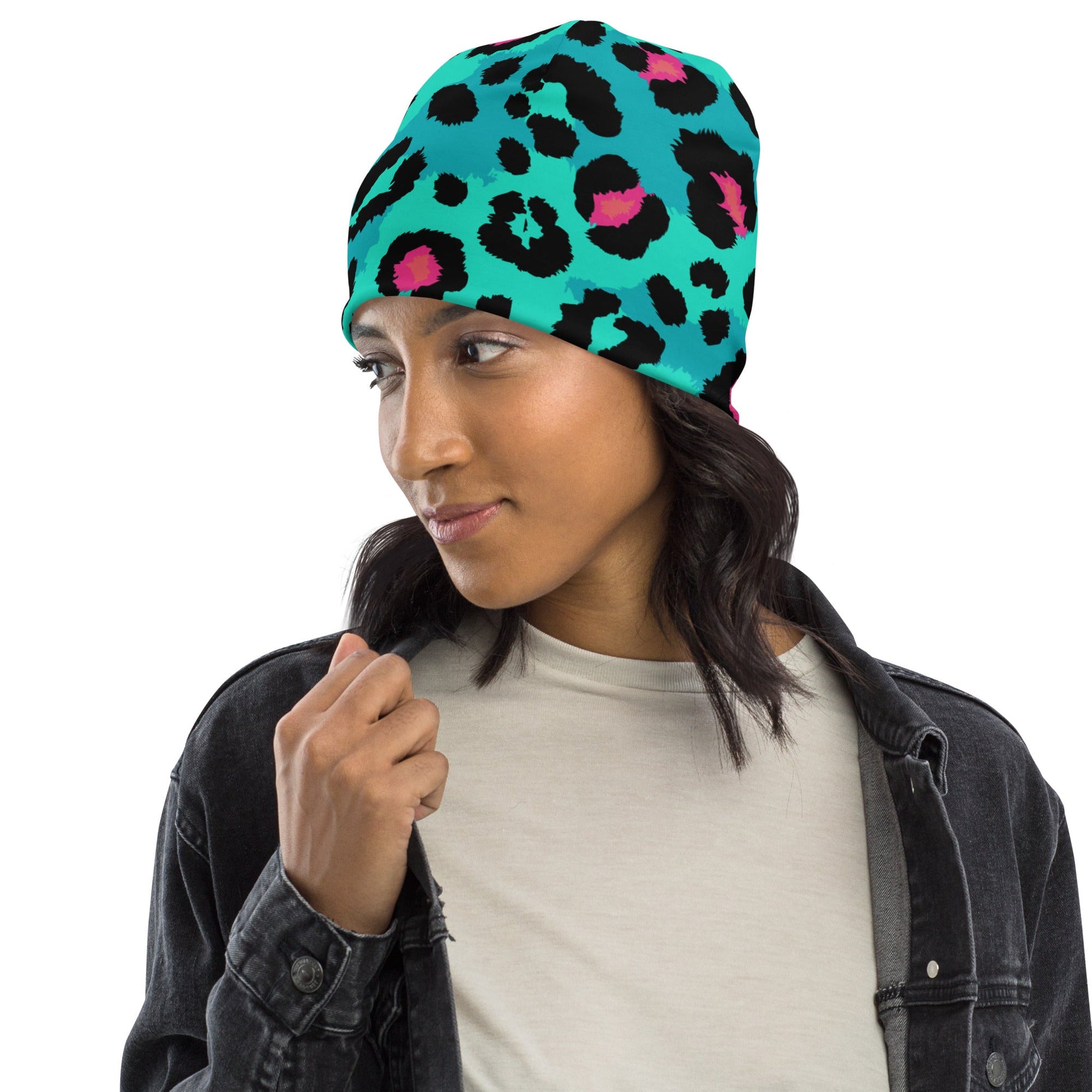 Leopard Print Beanie in Black, Turquoise, and Candy Pink | Camo Colors