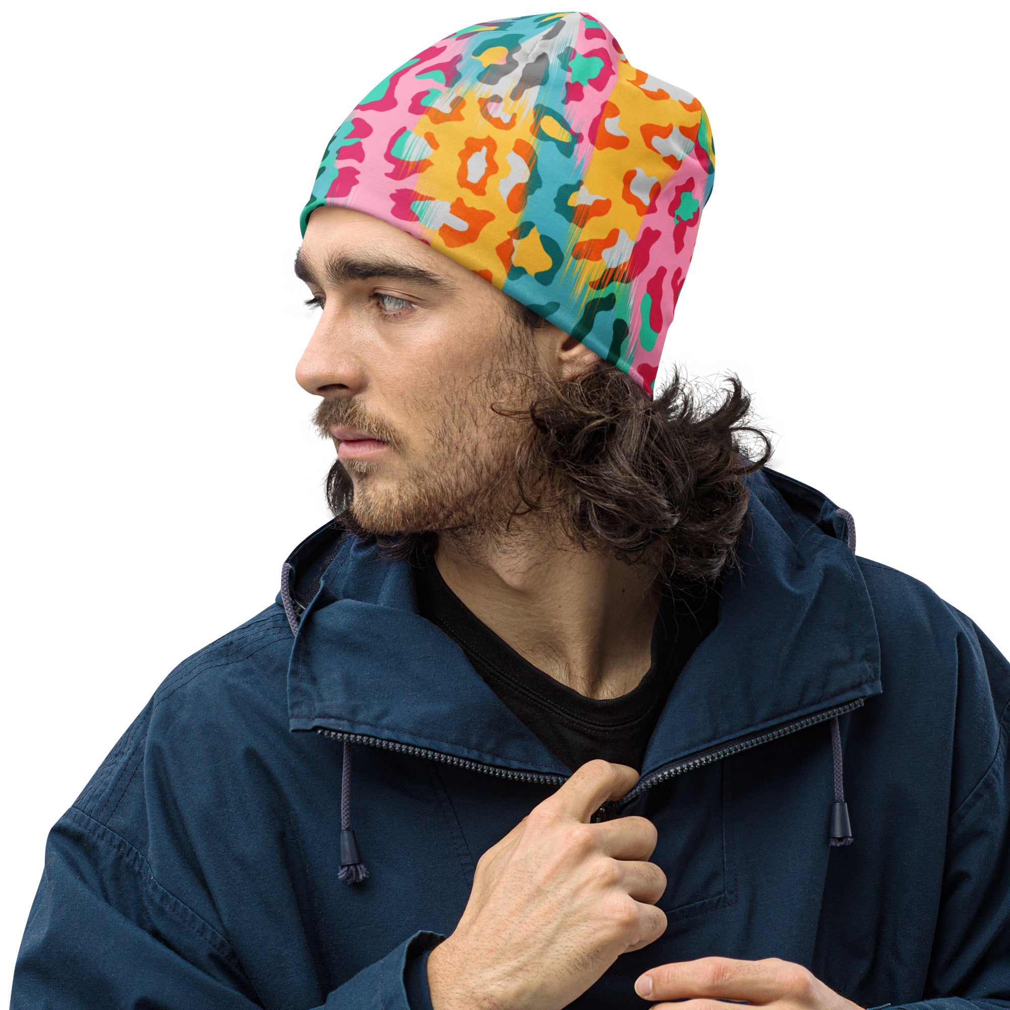 Leopard Print Beanie in Pink and Yellow | Camo Colors