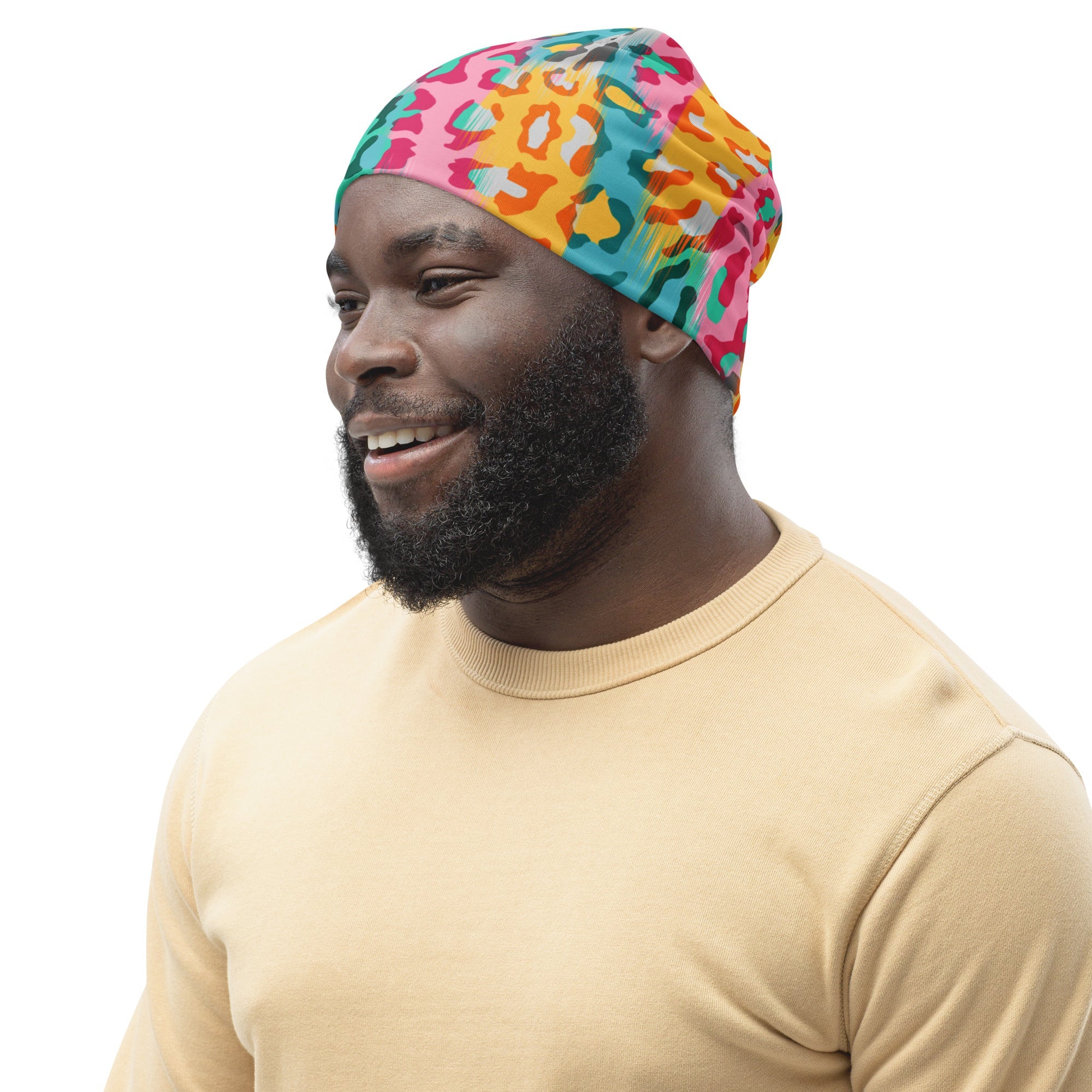 Leopard Print Beanie in Pink and Yellow | Camo Colors
