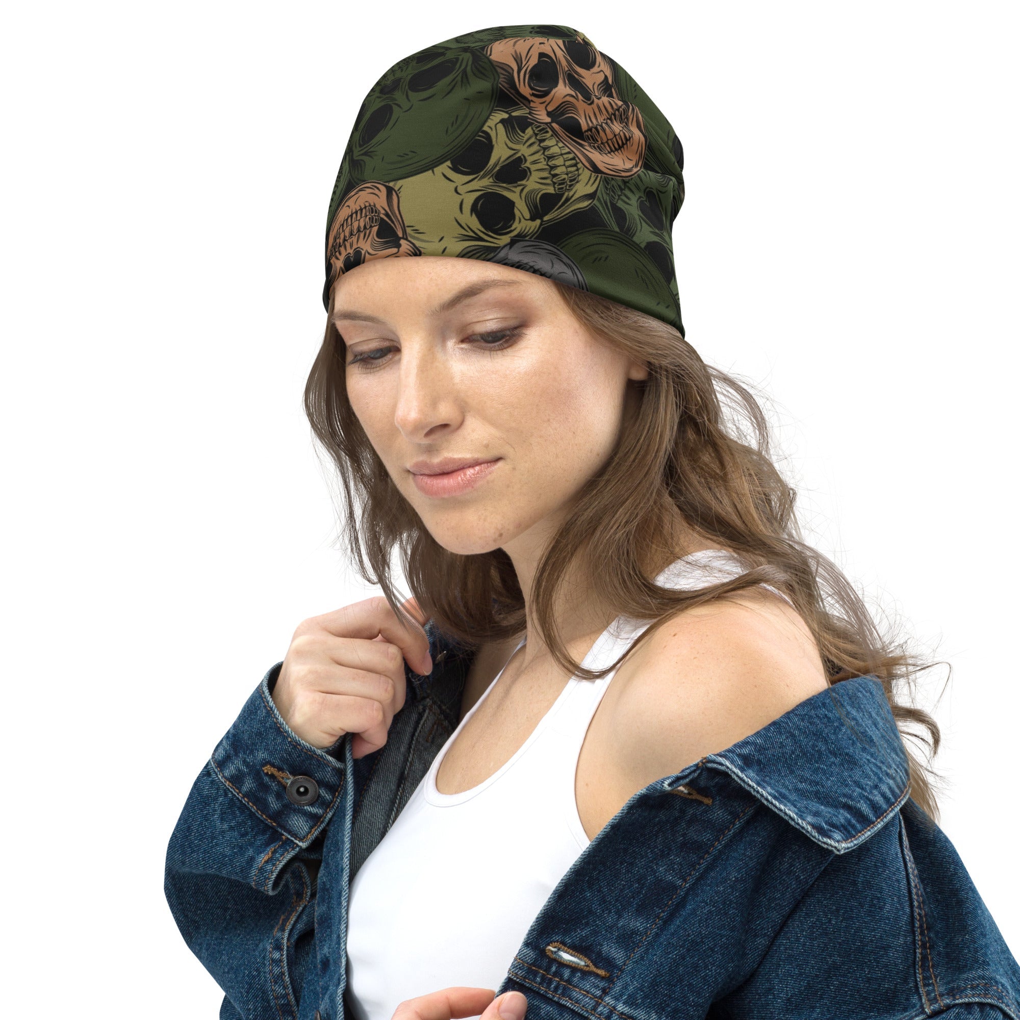 Skulls Print Beanie in Green and Grey | Camo Colors