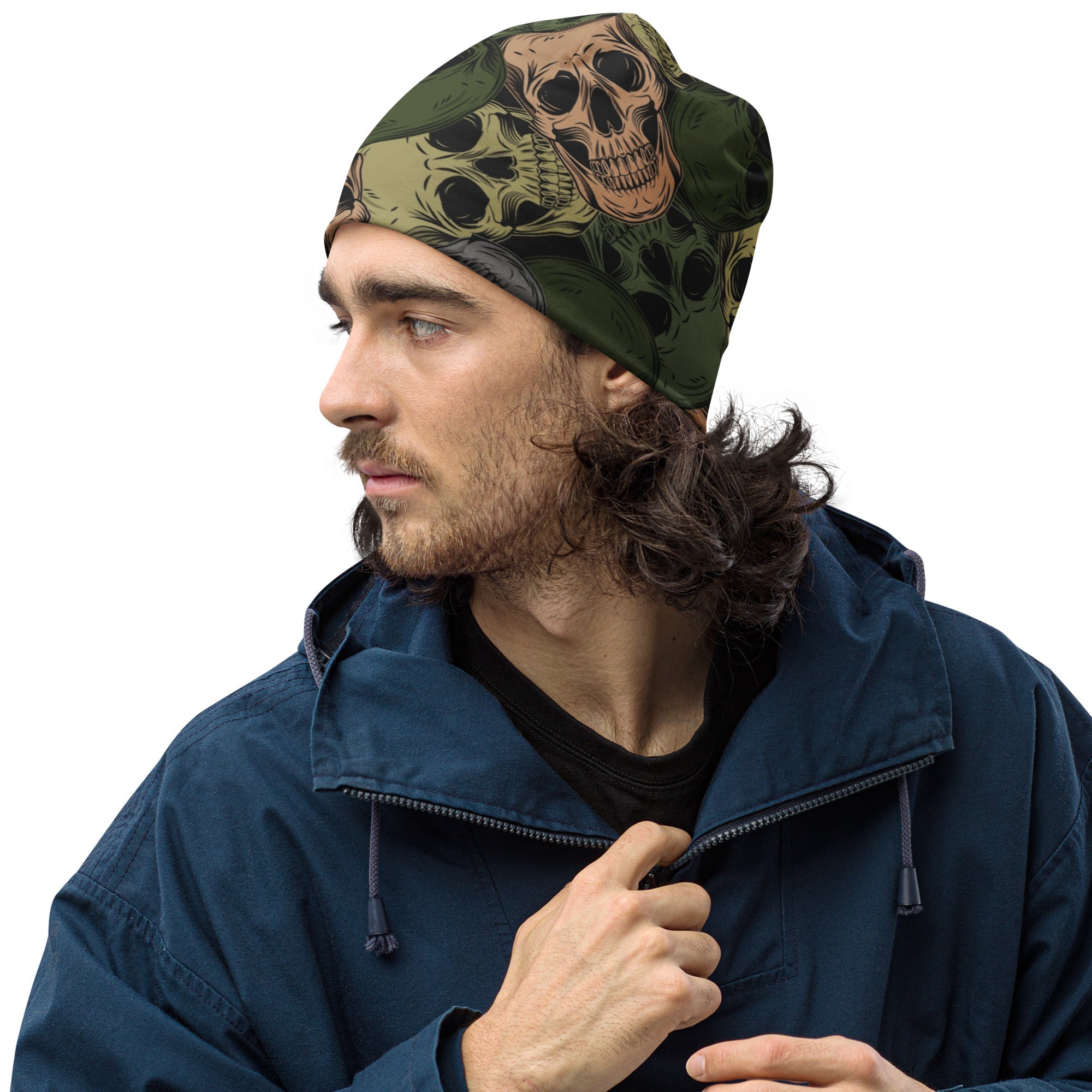 Skulls Print Beanie in Green and Grey | Camo Colors