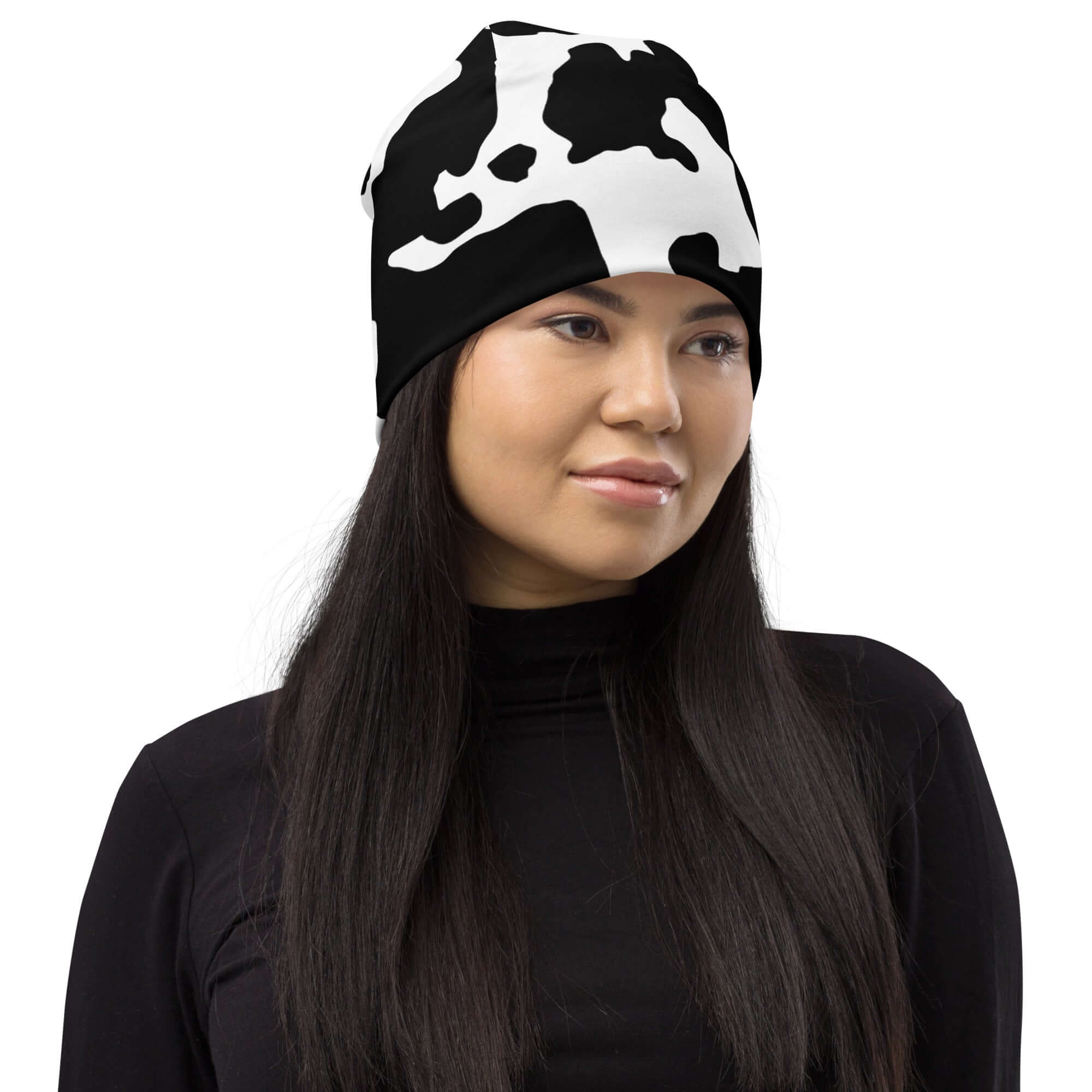 Camouflage Beanie | Black & White Cow Print Camo Colors
