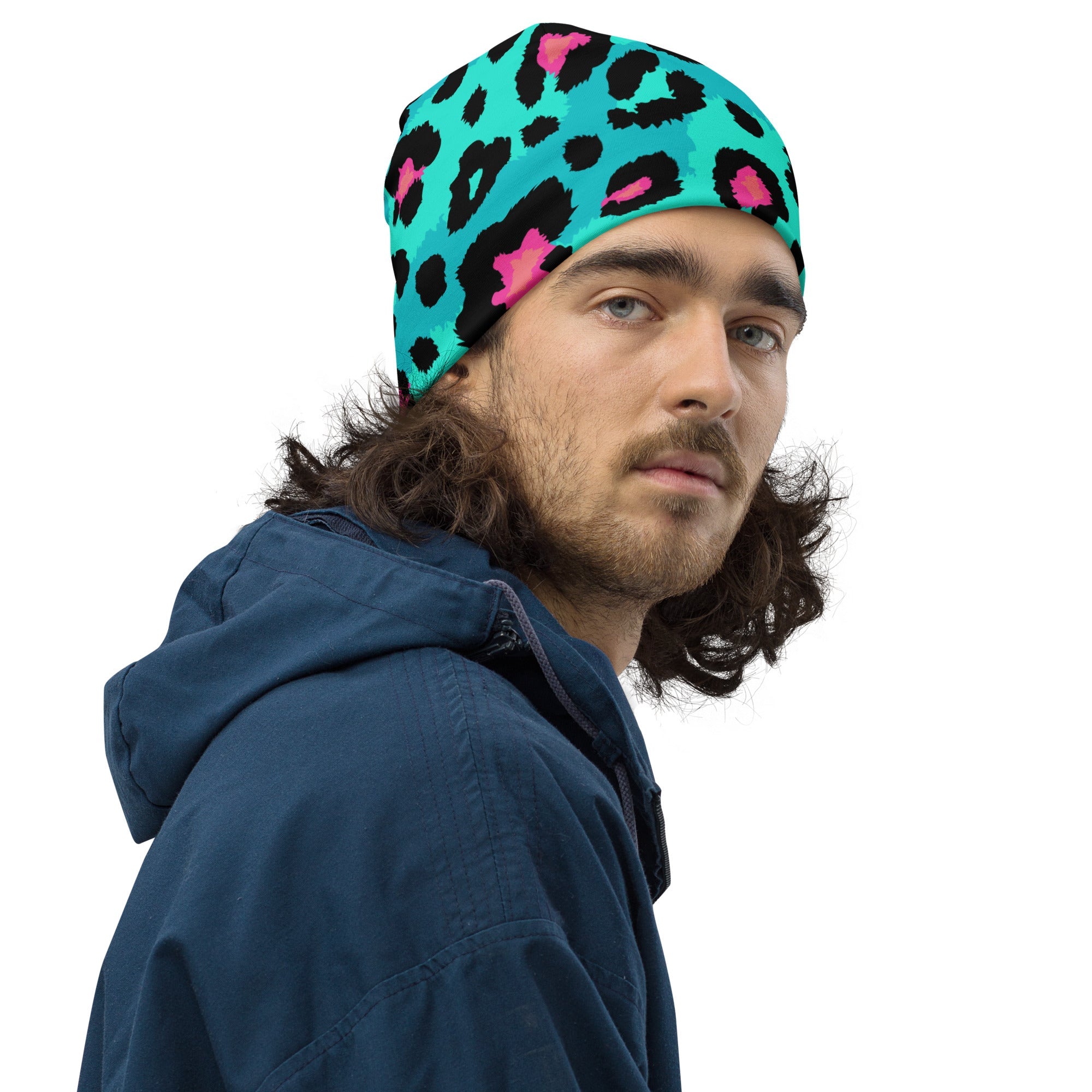 Leopard Print Beanie in Black, Turquoise, and Candy Pink | Camo Colors