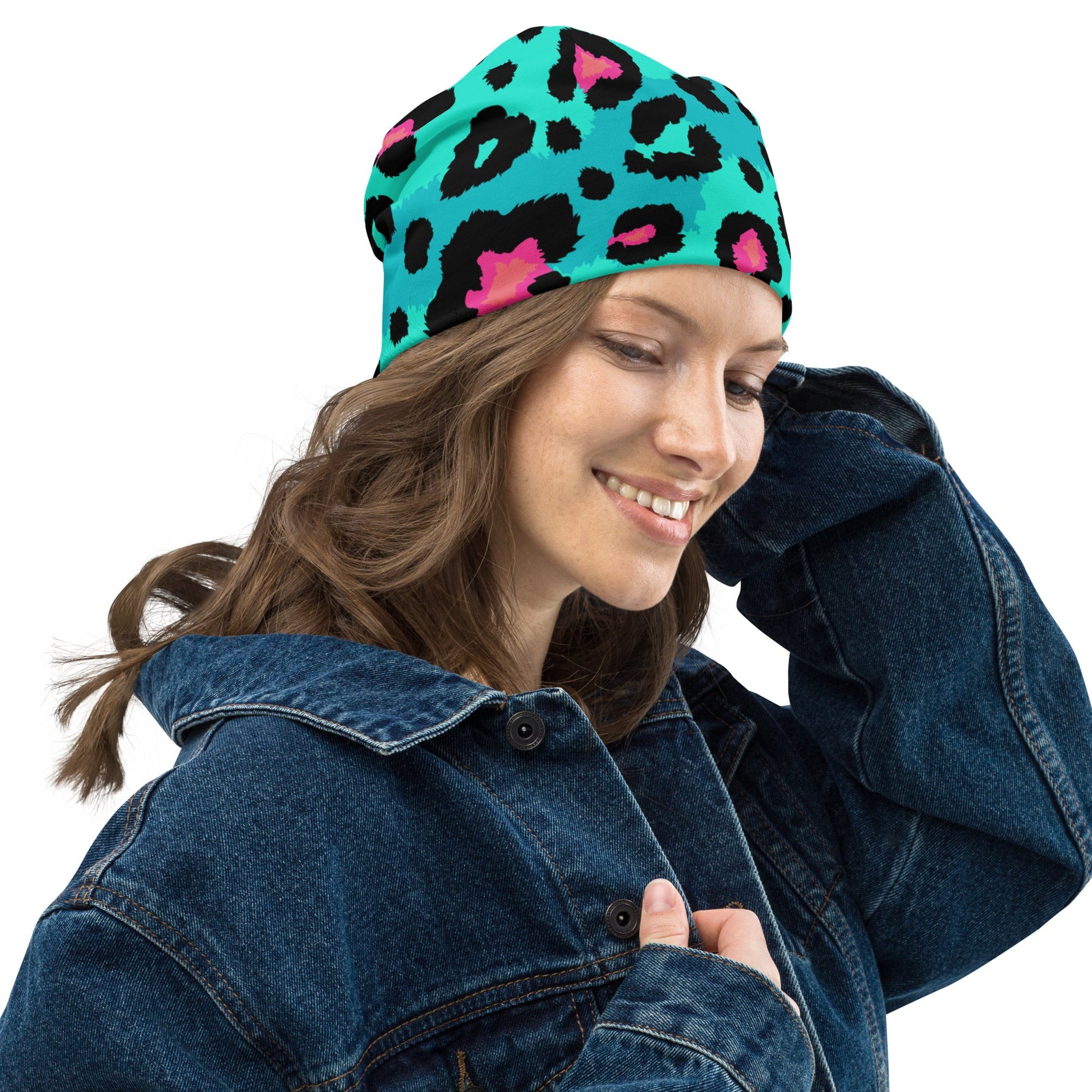 Leopard Print Beanie in Black, Turquoise, and Candy Pink | Camo Colors