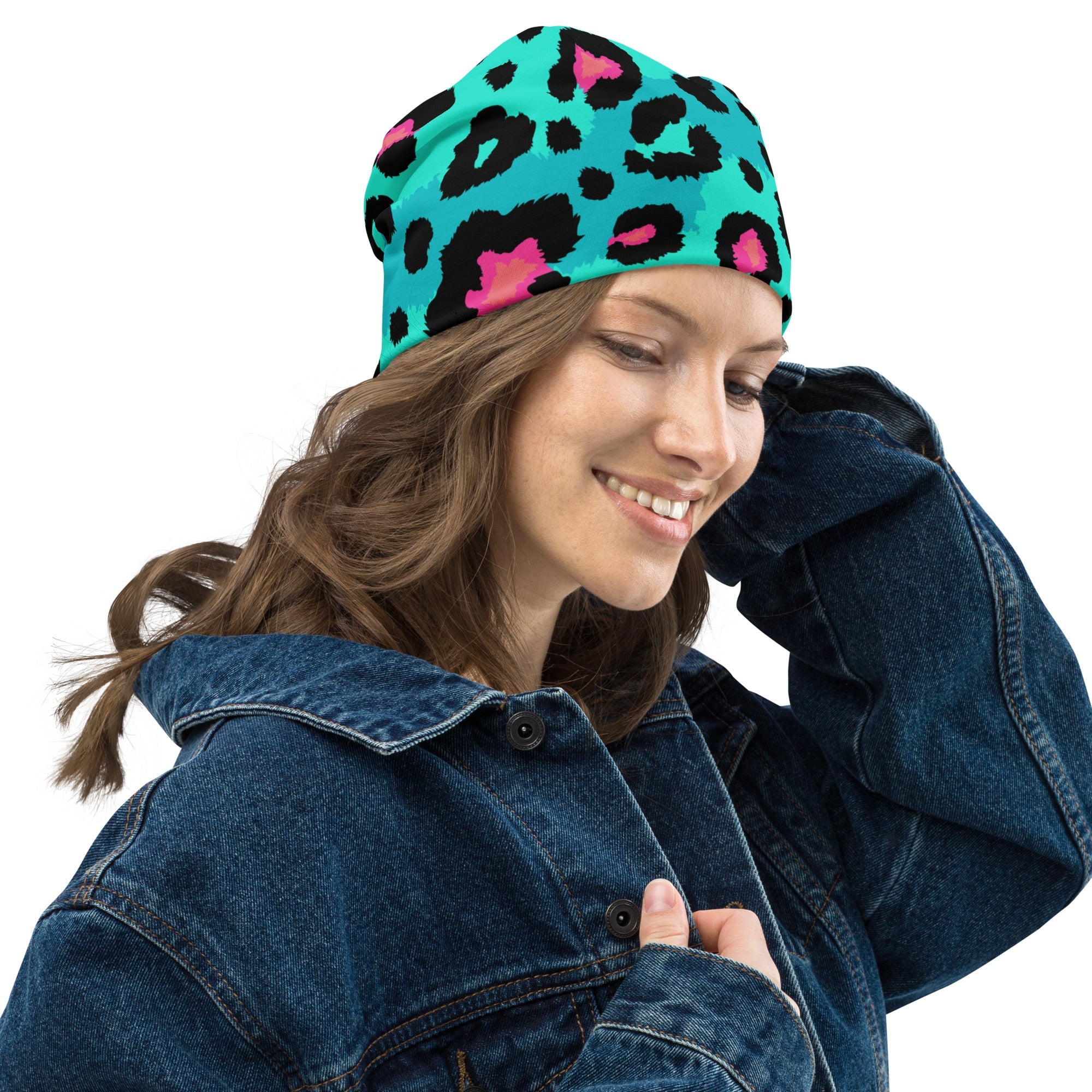 Leopard Print Beanie in Black, Turquoise, and Candy Pink | Camo Colors