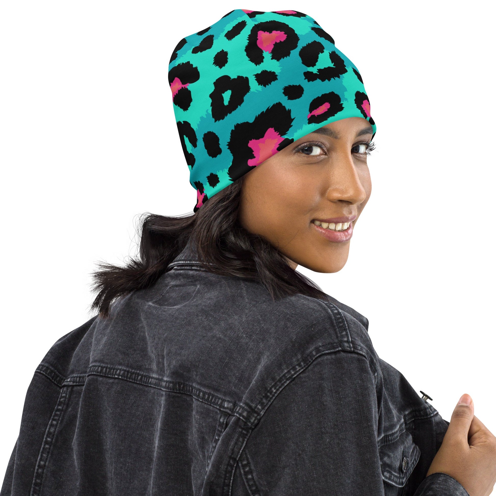 Leopard Print Beanie in Black, Turquoise, and Candy Pink | Camo Colors