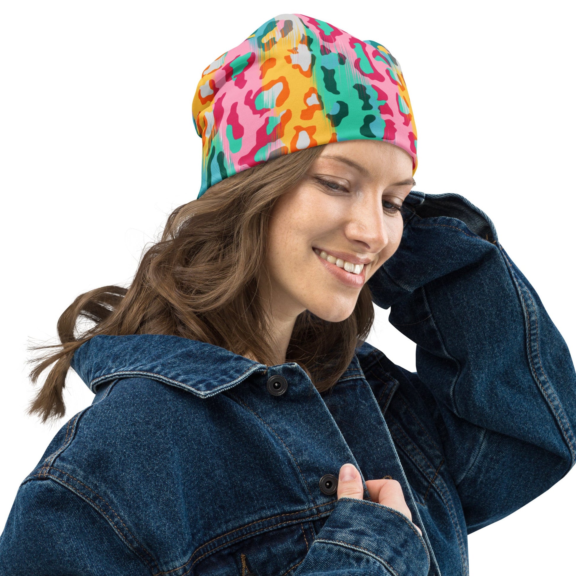 Leopard Print Beanie in Pink and Yellow | Camo Colors