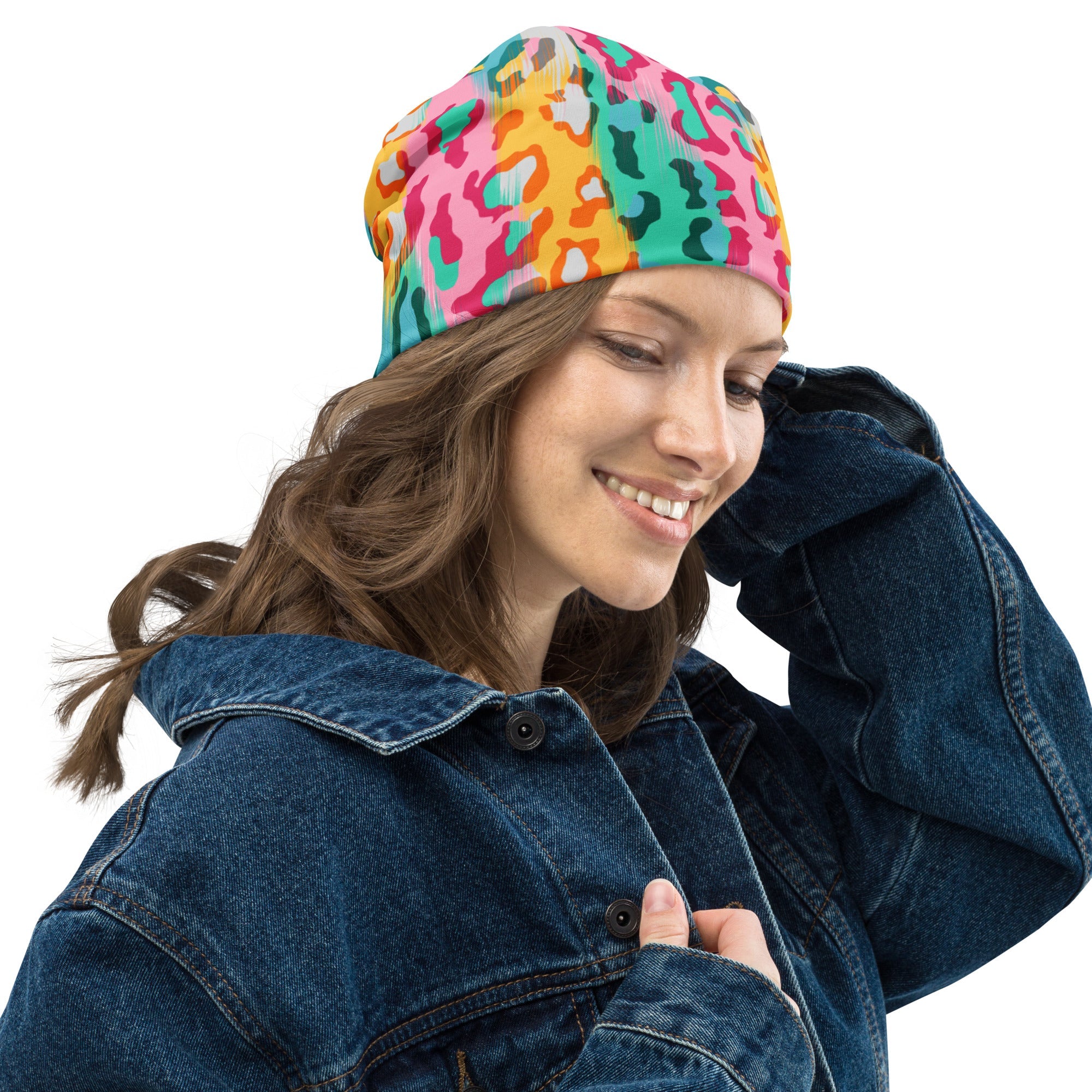 Leopard Print Beanie in Pink and Yellow | Camo Colors