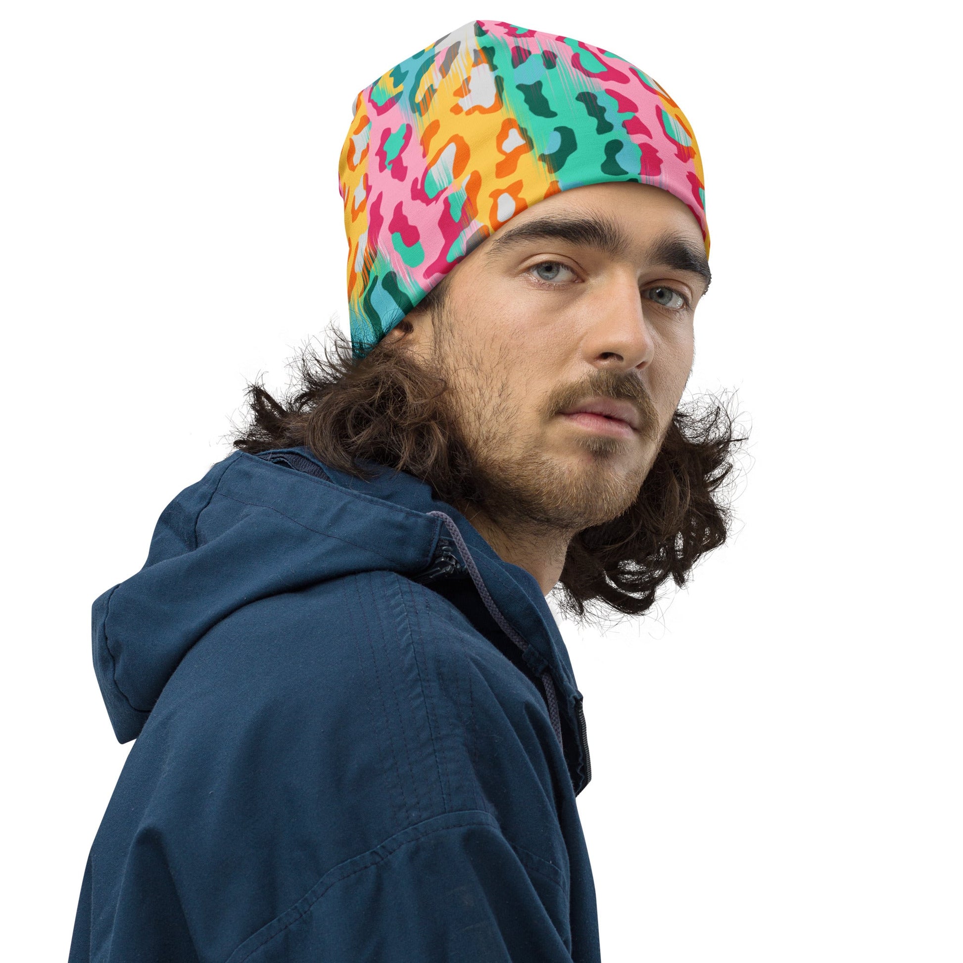 Leopard Print Beanie in Pink and Yellow | Camo Colors