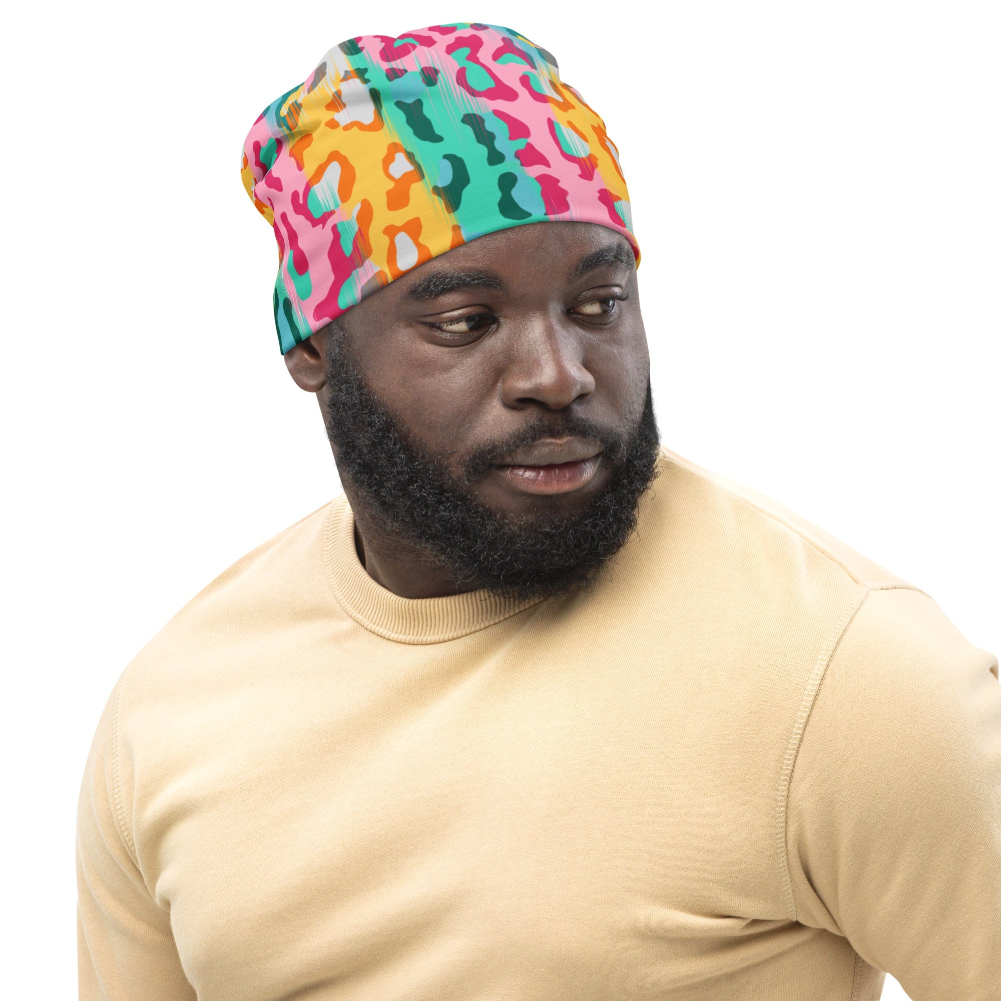Leopard Print Beanie in Pink and Yellow | Camo Colors