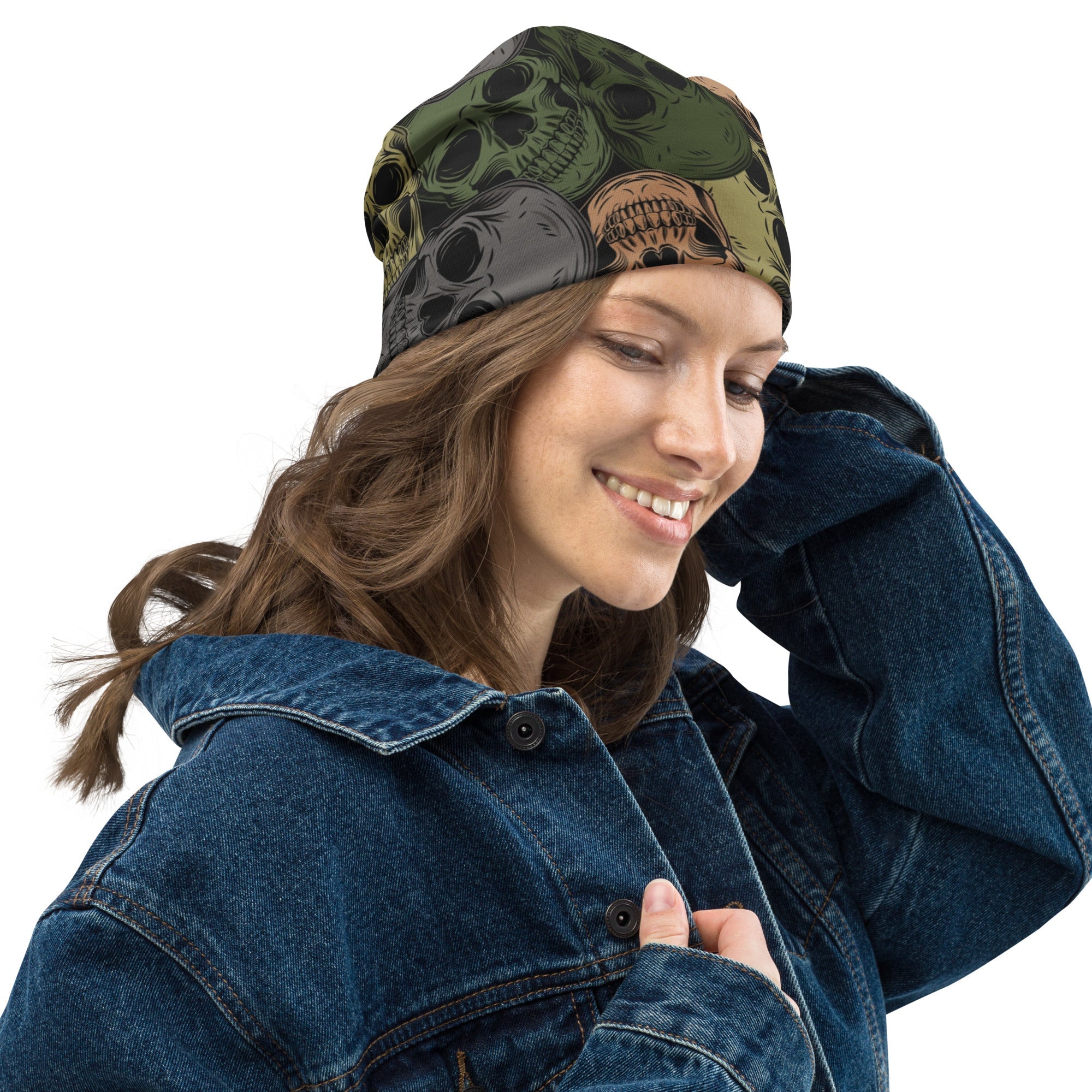 Skulls Print Beanie in Green and Grey | Camo Colors