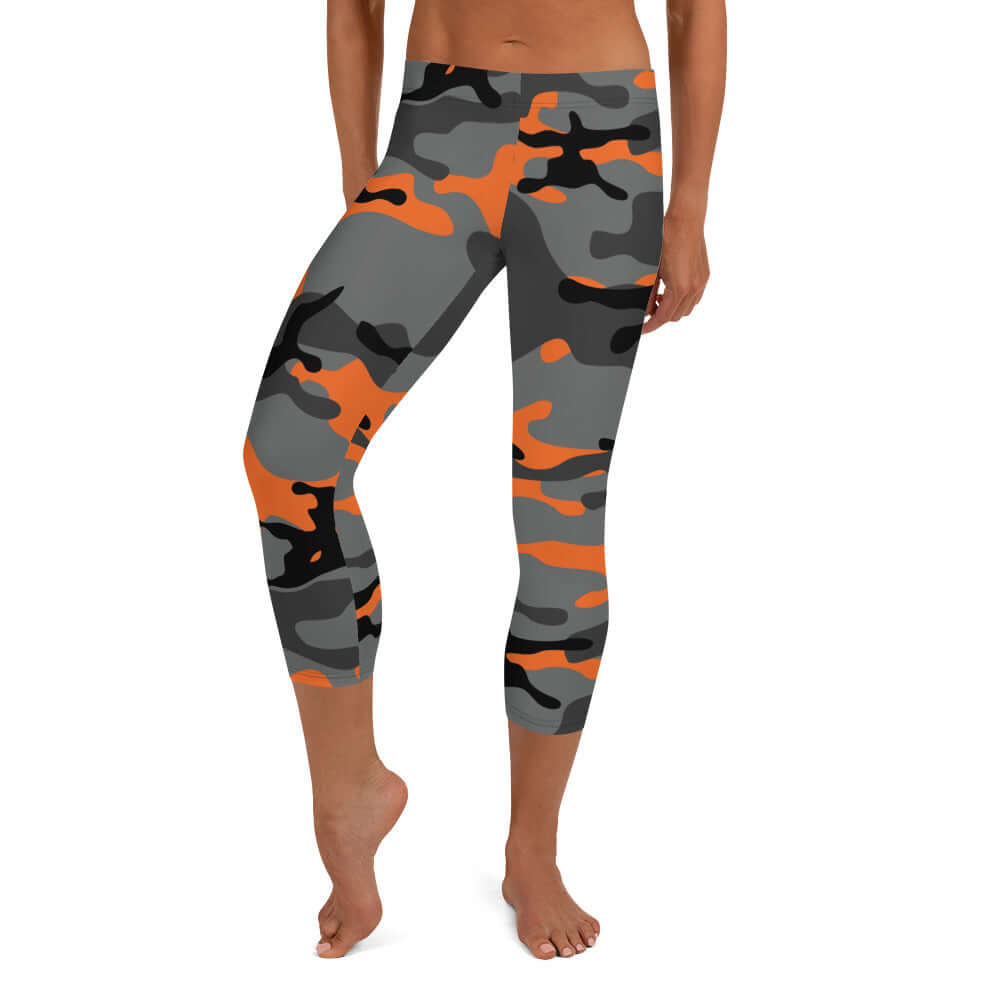 Capri Camo Leggings | Army Style in Black and Orange | Camo Colors