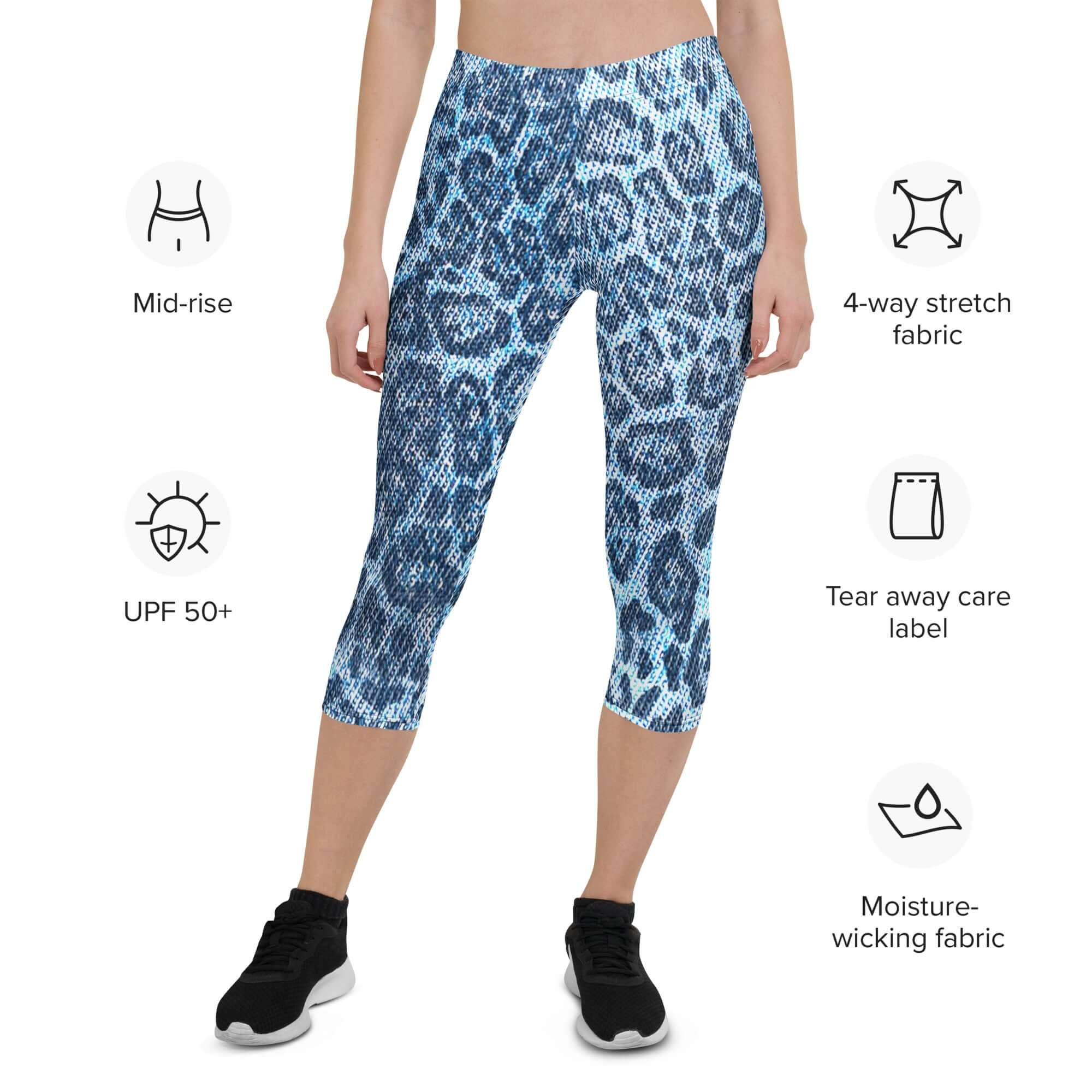 Capri Leggings | Blue Leopard Print | Denim-Style | Camo Colors