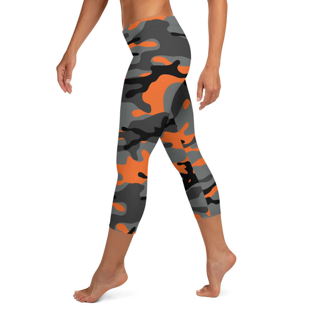 Capri Camo Leggings | Army Style in Black and Orange | Camo Colors