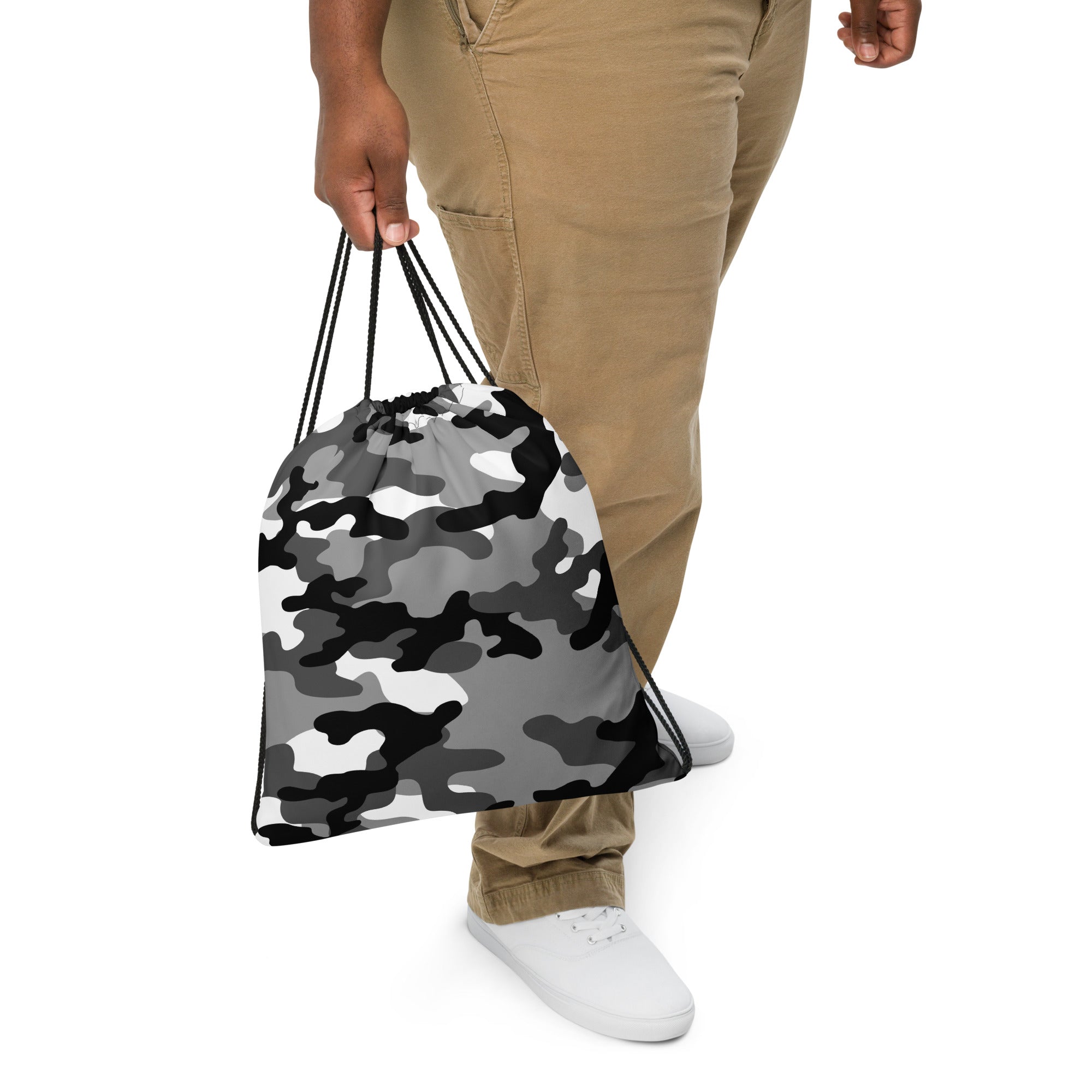 Drawstring Bag | Black, Gray & White Camouflage Camo Colors