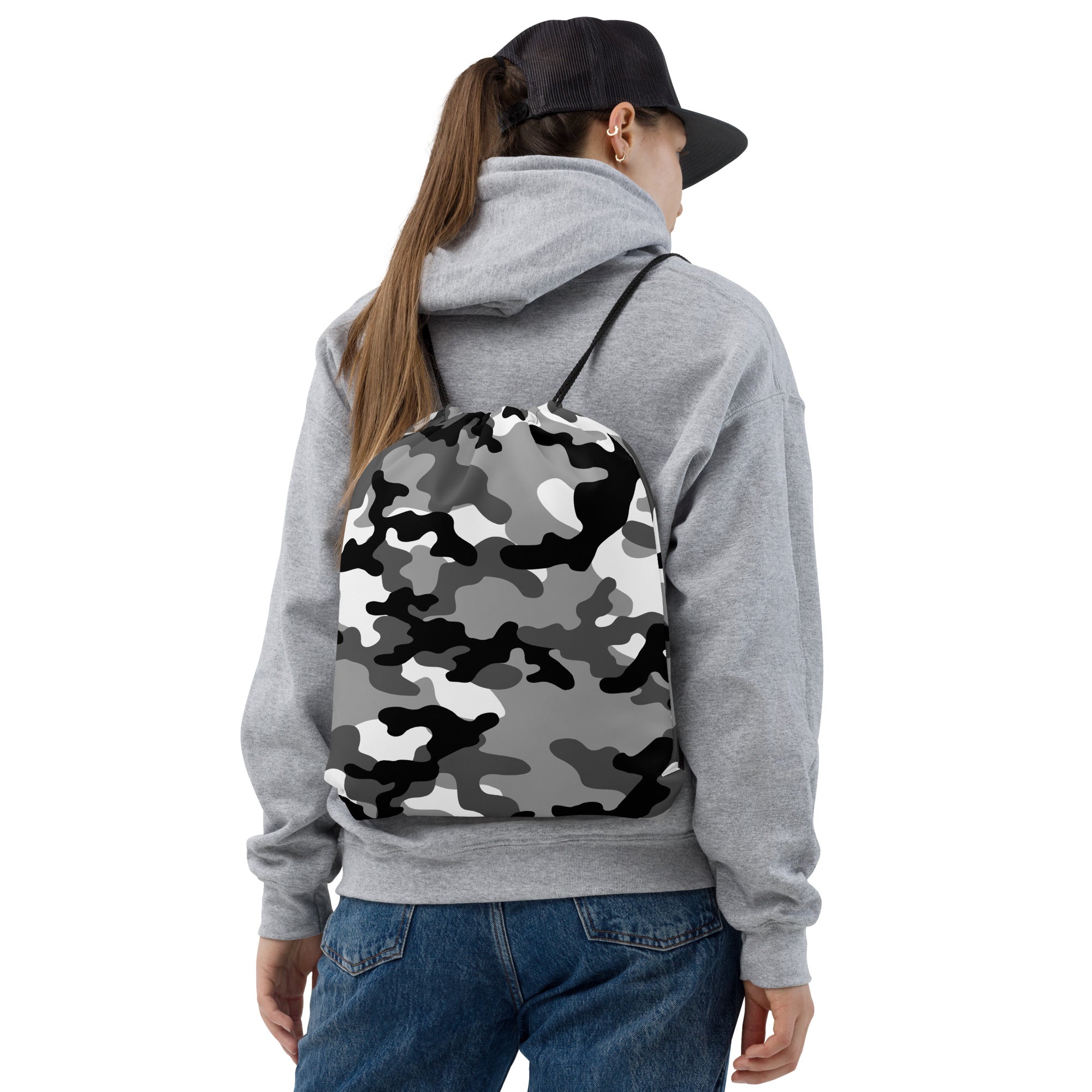 Drawstring Bag | Black, Gray & White Camouflage Camo Colors