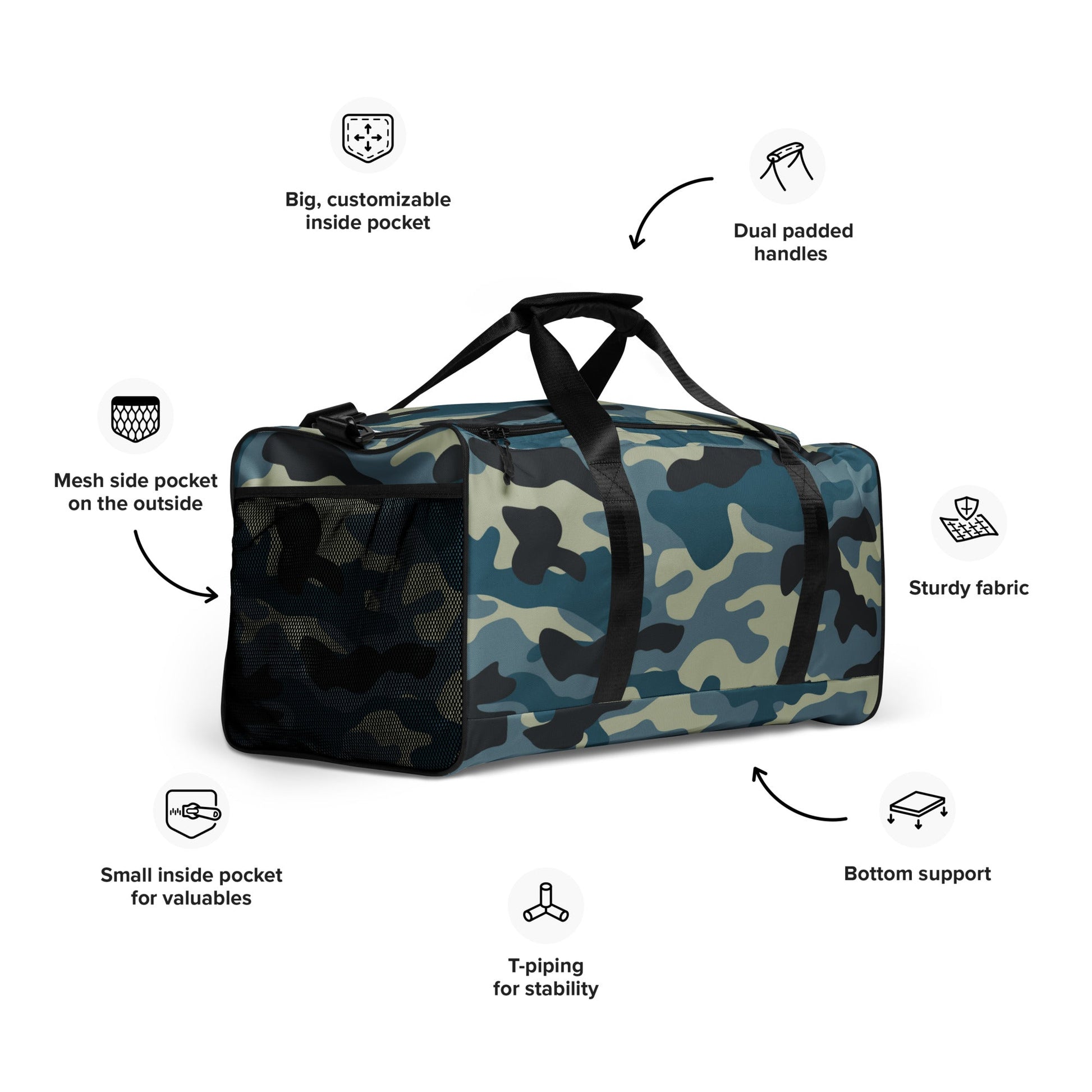 Premium Quality Duffle Bag in Shades of Blue & Charcoal Camo | Camo Colors